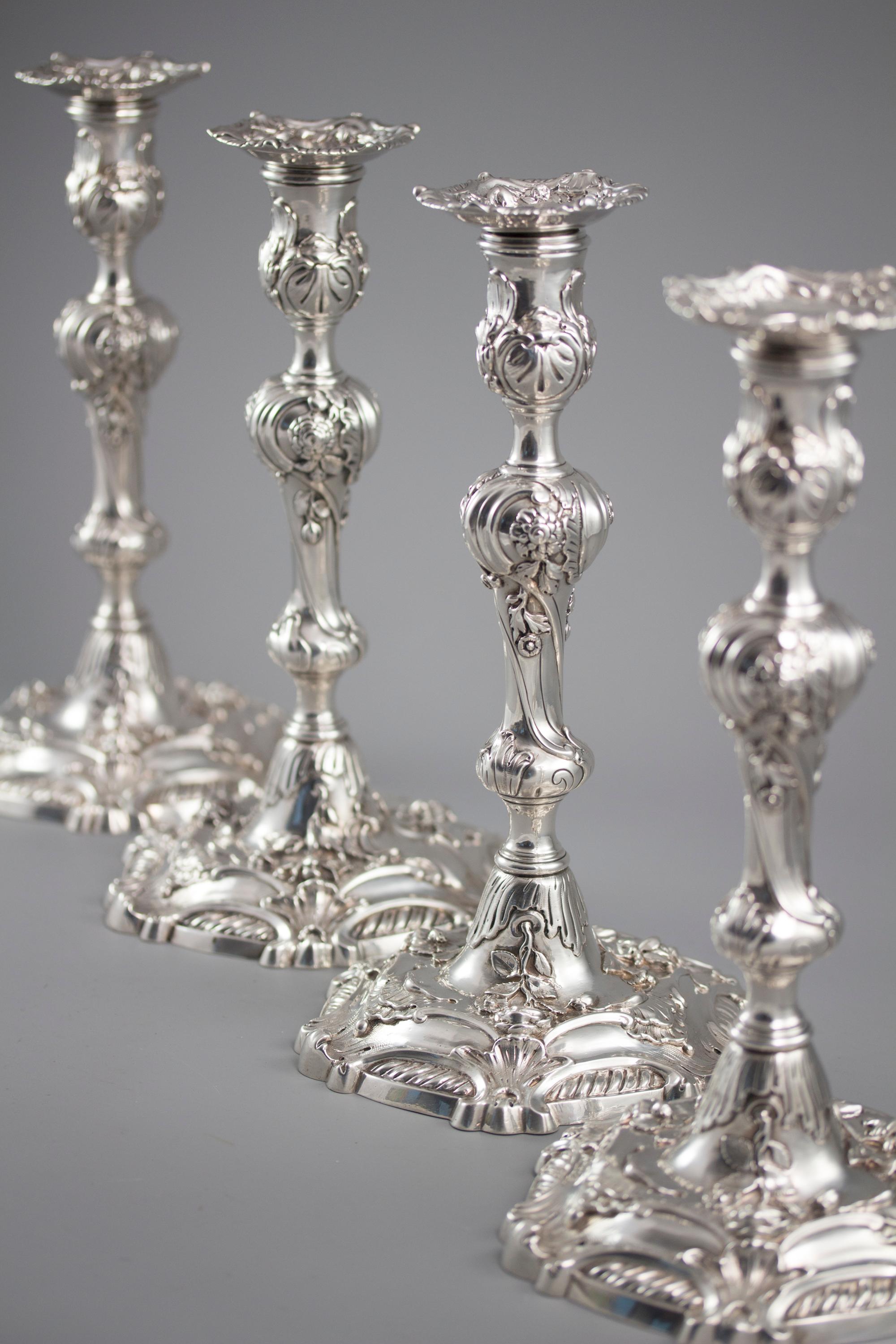 George III YSL Interest: a Set of 4 Cast George II Silver Rococo Candlesticks, London 1757