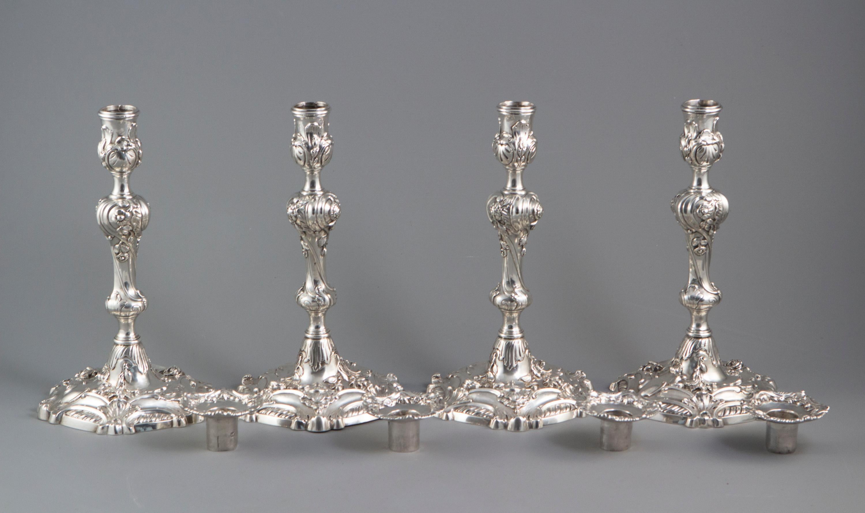 YSL Interest: a Set of 4 Cast George II Silver Rococo Candlesticks, London 1757 In Good Condition In Cornwall, GB