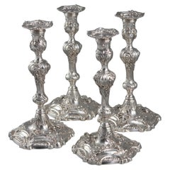 Antique YSL Interest: a Set of 4 Cast George II Silver Rococo Candlesticks, London 1757