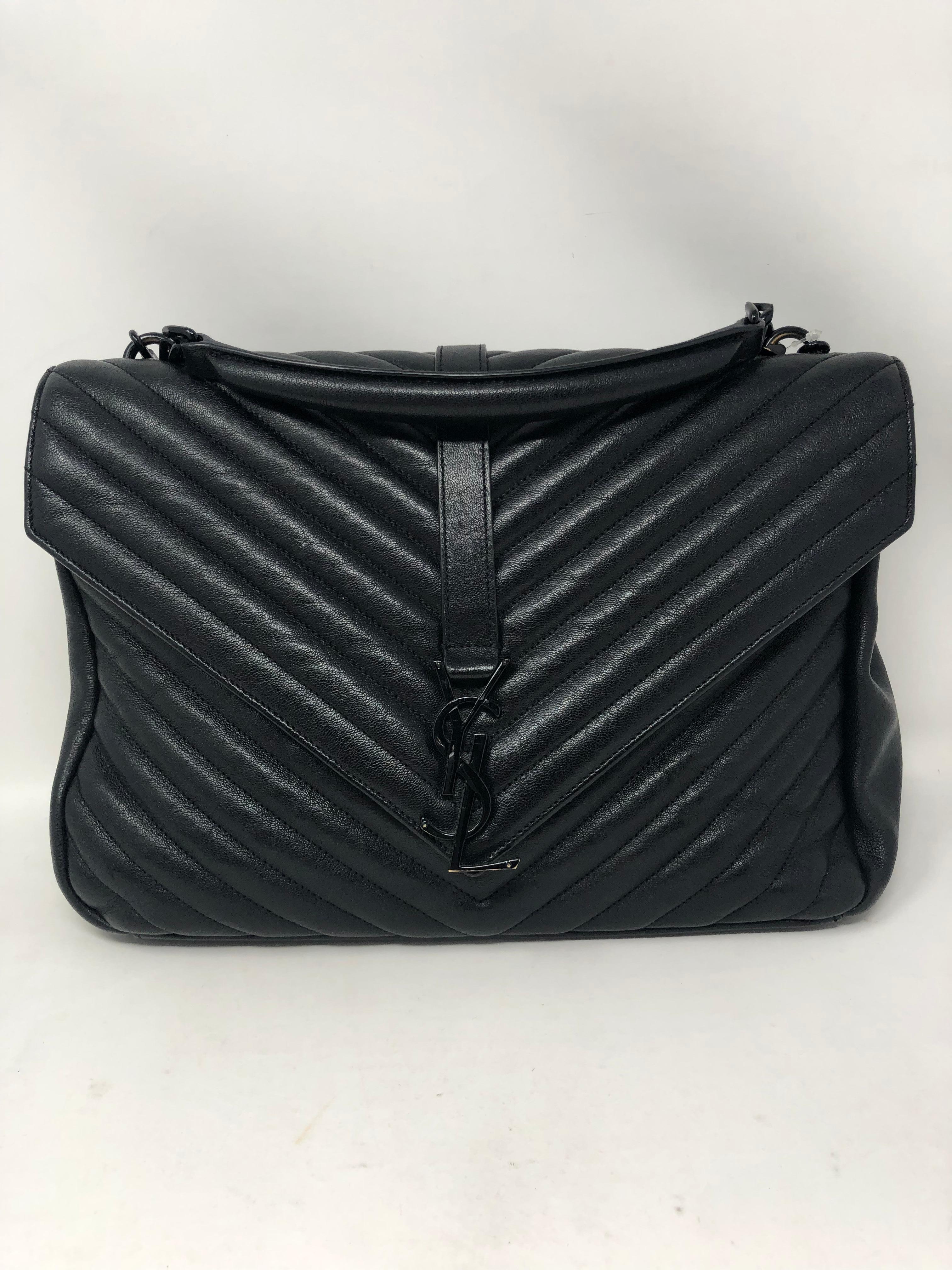 YSL Large Black on Black Matelasse Bag. Large quilted leather flap bag. Roomy interior. Can be worn 2 ways. Black metal hardware for a chic look. Good condition. Guaranteed authentic. 