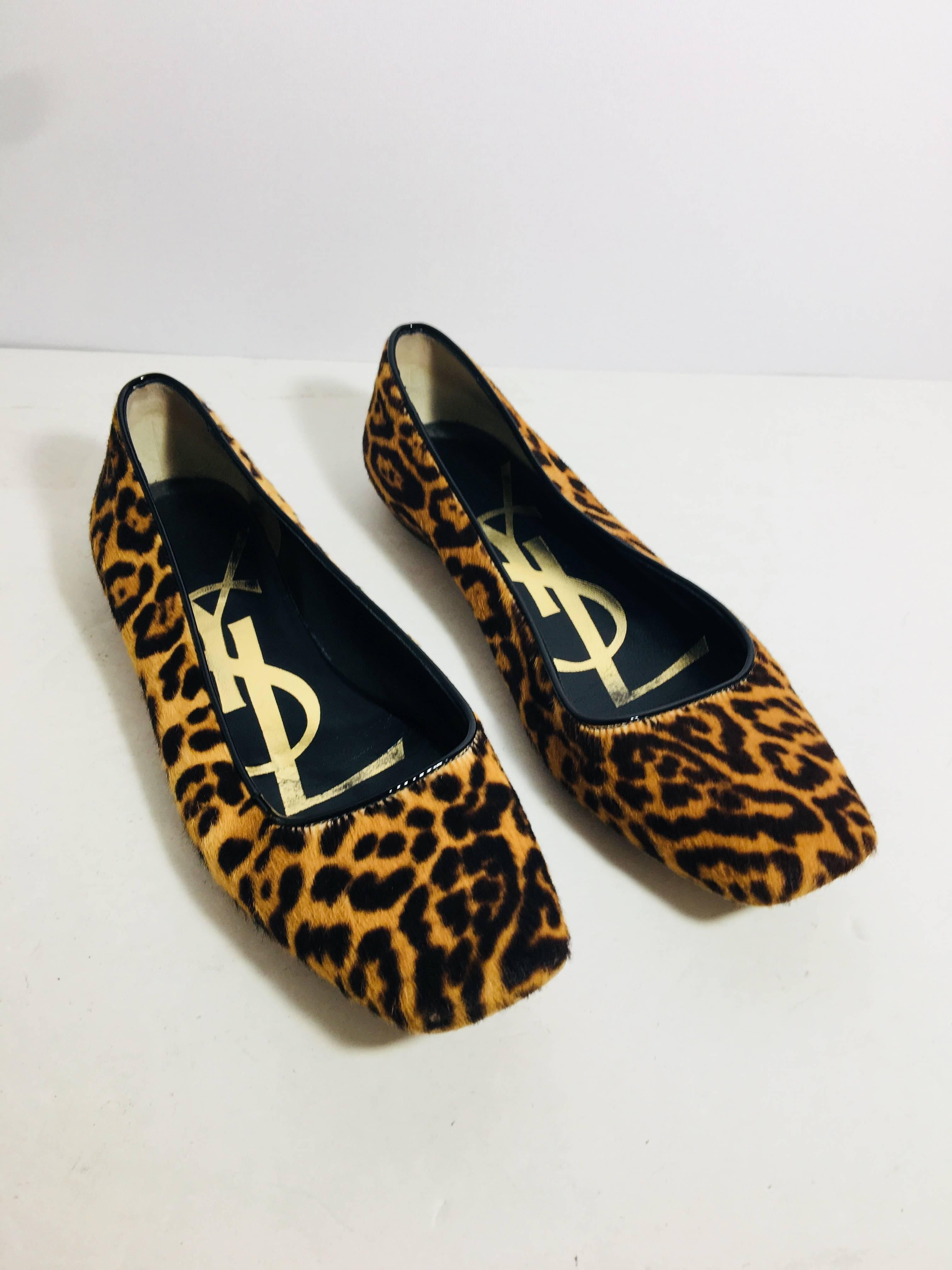 YSL Leopard Print- Pony Hair Ballet Flats with Patent Leather Trim.