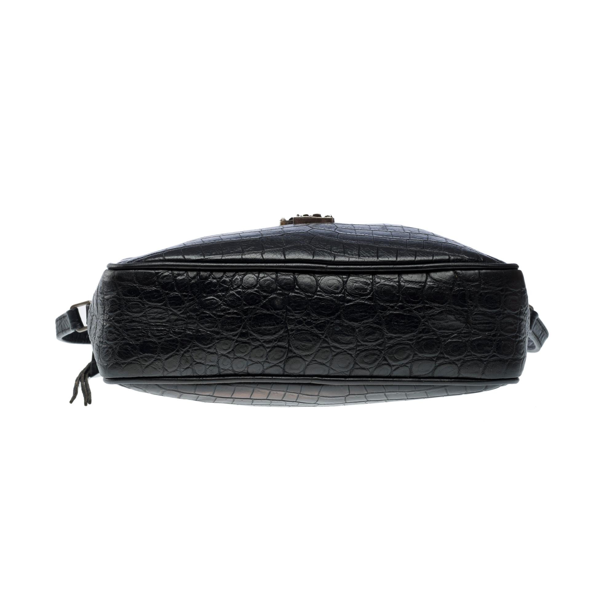 YSL Lou Camera shoulder bag in Black Crocodile style calf leather, SHW 6