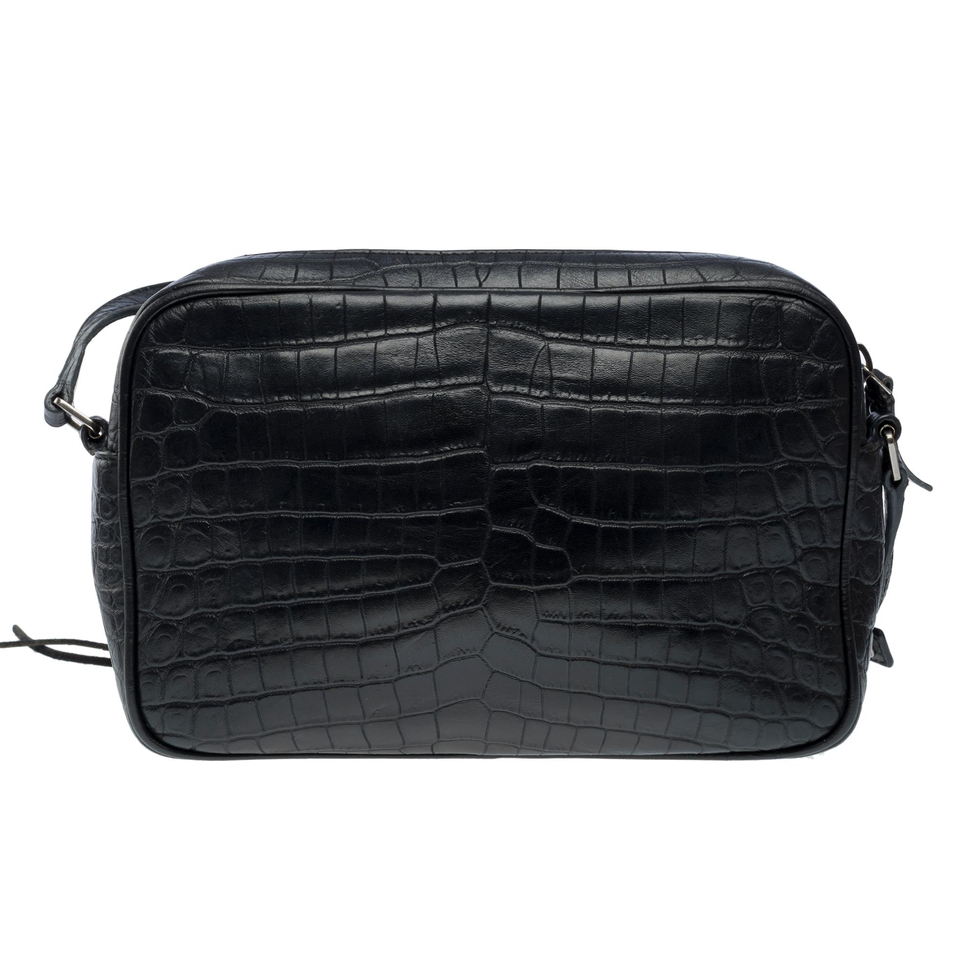 YSL Lou Camera shoulder bag in Black Crocodile style calf leather, SHW In Good Condition In Paris, IDF