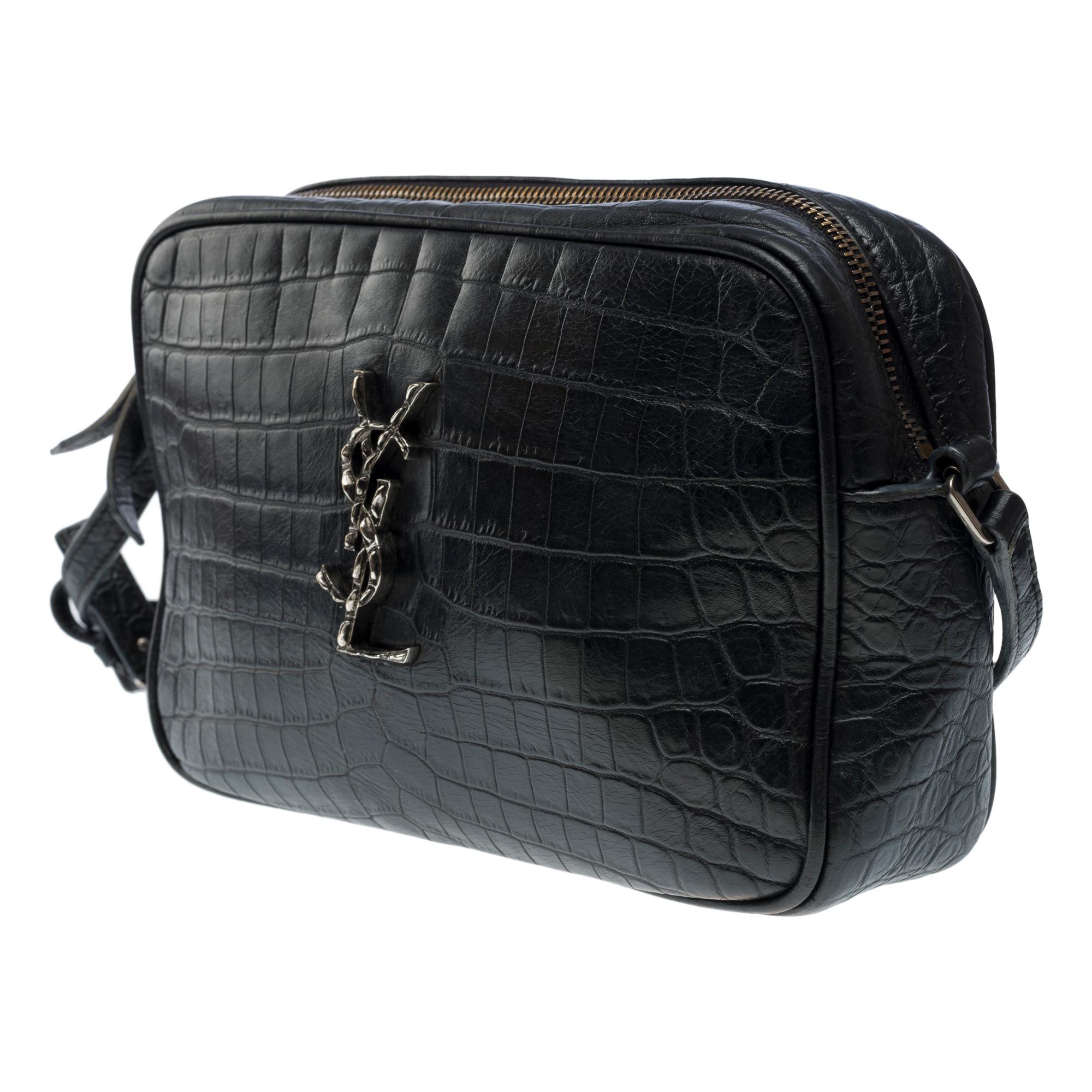 Women's or Men's YSL Lou Camera shoulder bag in Black Crocodile style calf leather, SHW