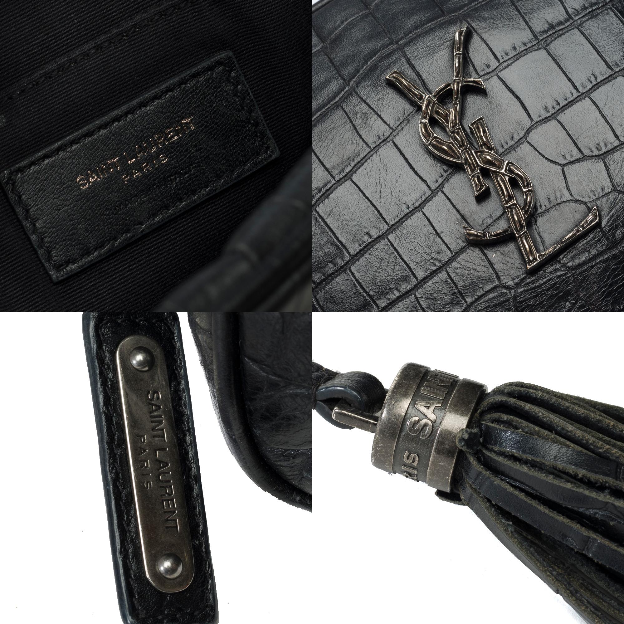 YSL Lou Camera shoulder bag in Black Crocodile style calf leather, SHW 2