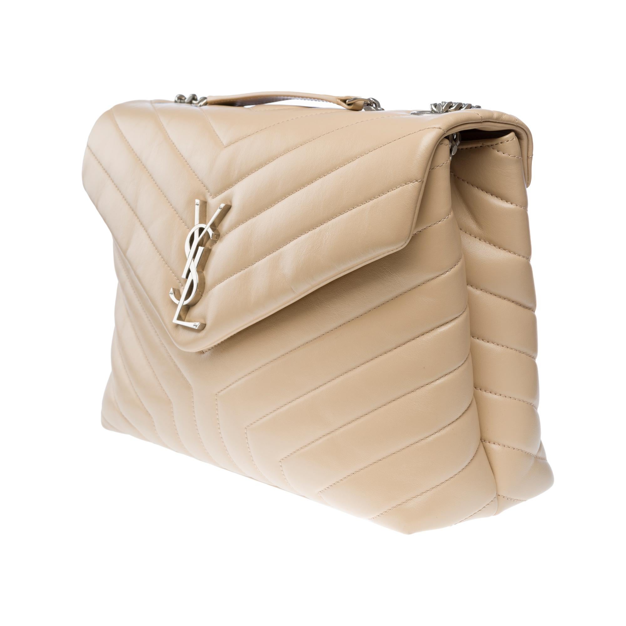 Women's or Men's YSL Loulou Medium shoulder bag in beige quilted calf leather, SHW