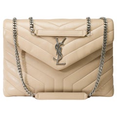 Used YSL Loulou Medium shoulder bag in beige quilted calf leather, SHW