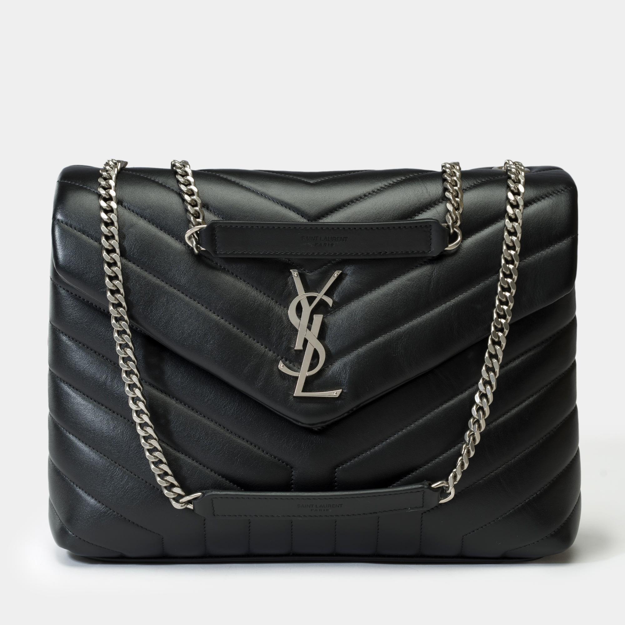 Black YSL Loulou Medium shoulder bag in black chevron quilted calf leather, PHW