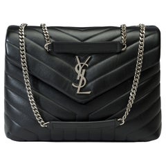 YSL Loulou Medium shoulder bag in black chevron quilted calf leather, PHW