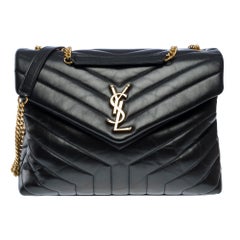YSL Loulou Medium shoulder flap bag in black chevron quilted calf leather, GHW