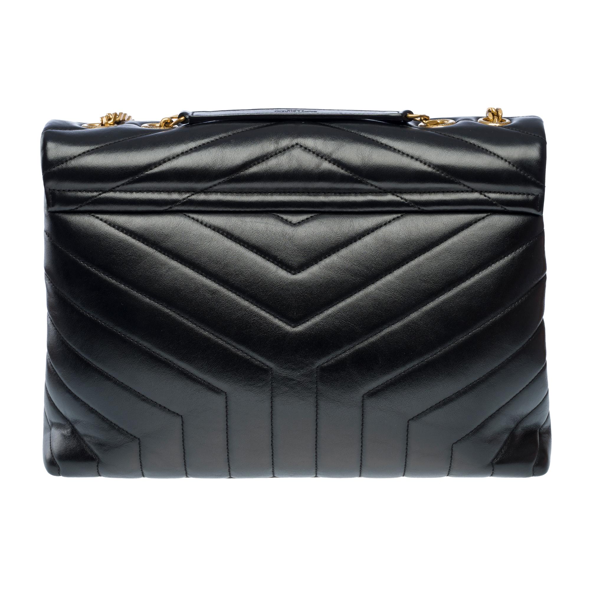 Black YSL Loulou Medium shoulder flap bag in black chevron quilted calf leather, GHW For Sale