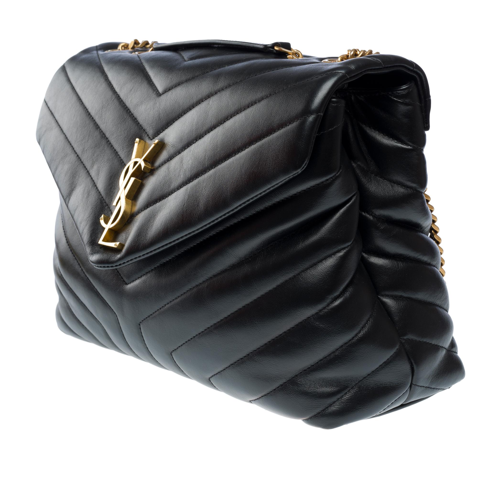 YSL Loulou Medium shoulder flap bag in black chevron quilted calf leather, GHW 1