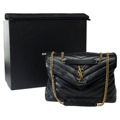 YSL Loulou Medium shoulder flap bag in black chevron quilted calf leather, GHW