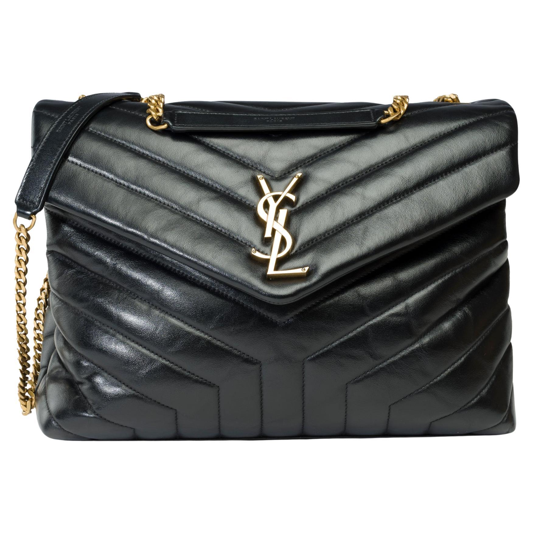 YSL Loulou Medium shoulder flap bag in black chevron quilted calf leather, GHW For Sale