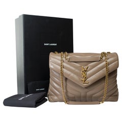 YSL Loulou Medium shoulder flap bag in Taupe chevron quilted calf leather, GHW