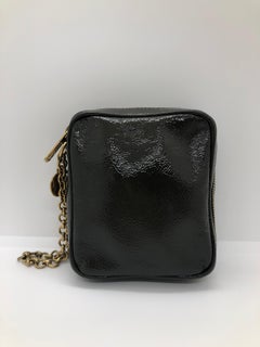 YSL Monogram Gray Patent Leather Wristlet w/ Gold Metal Chain and Hardware