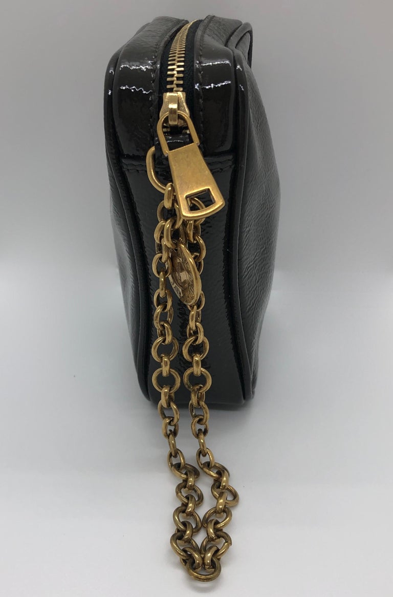 YSL Monogram Gray Patent Leather Wristlet w/ Gold Metal Chain and ...