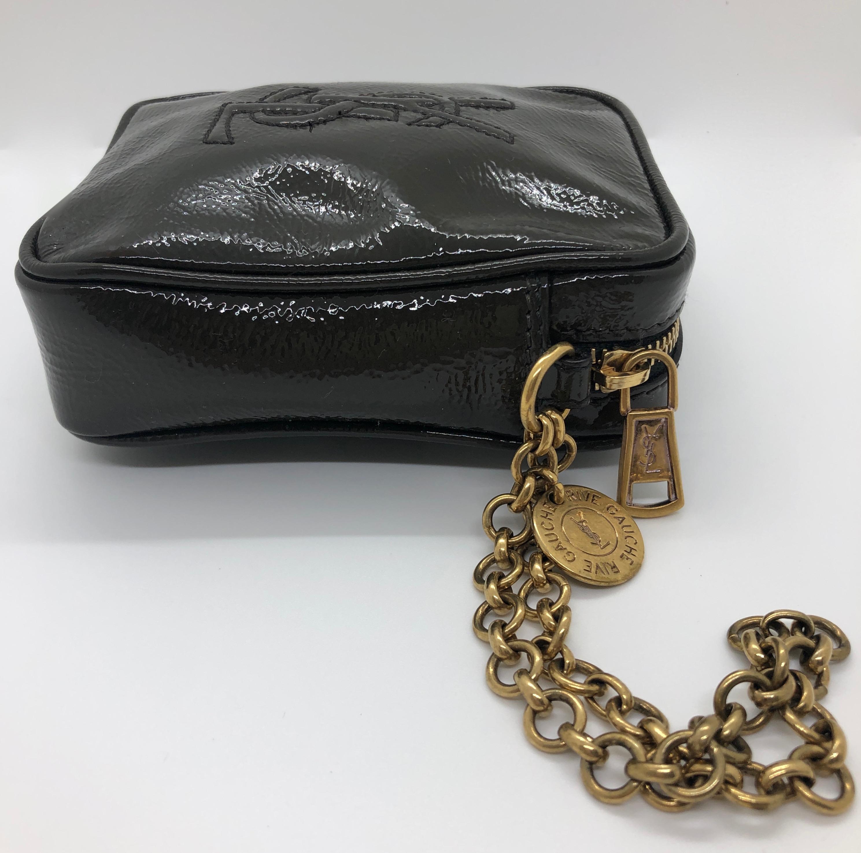 Black YSL Monogram Gray Patent Leather Wristlet w/ Gold Metal Chain and Hardware For Sale