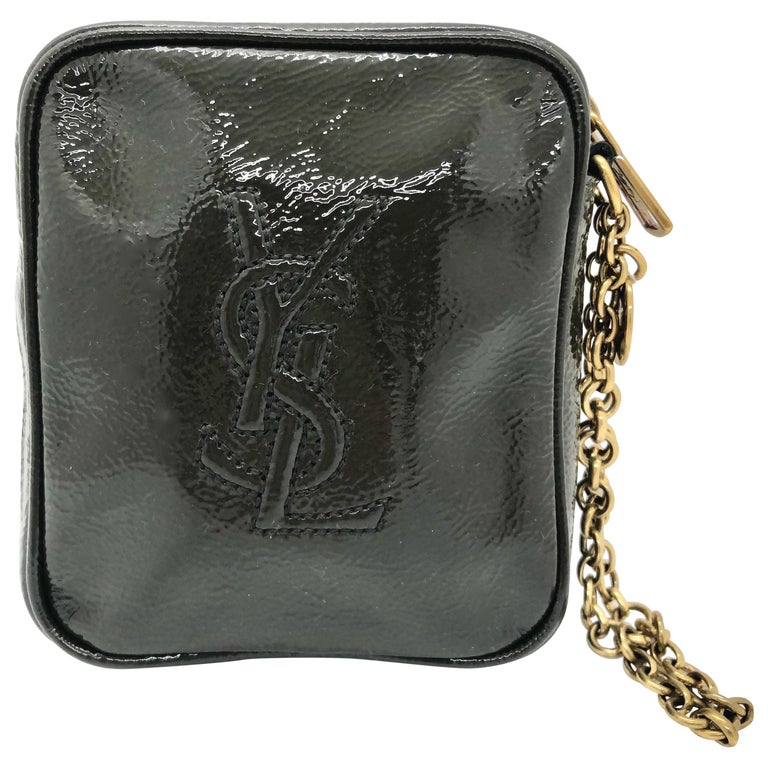 YSL Monogram Gray Patent Leather Wristlet w/ Gold Metal Chain and ...