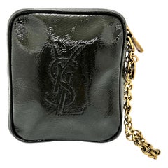 YSL Monogram Gray Patent Leather Wristlet w/ Gold Metal Chain and Hardware