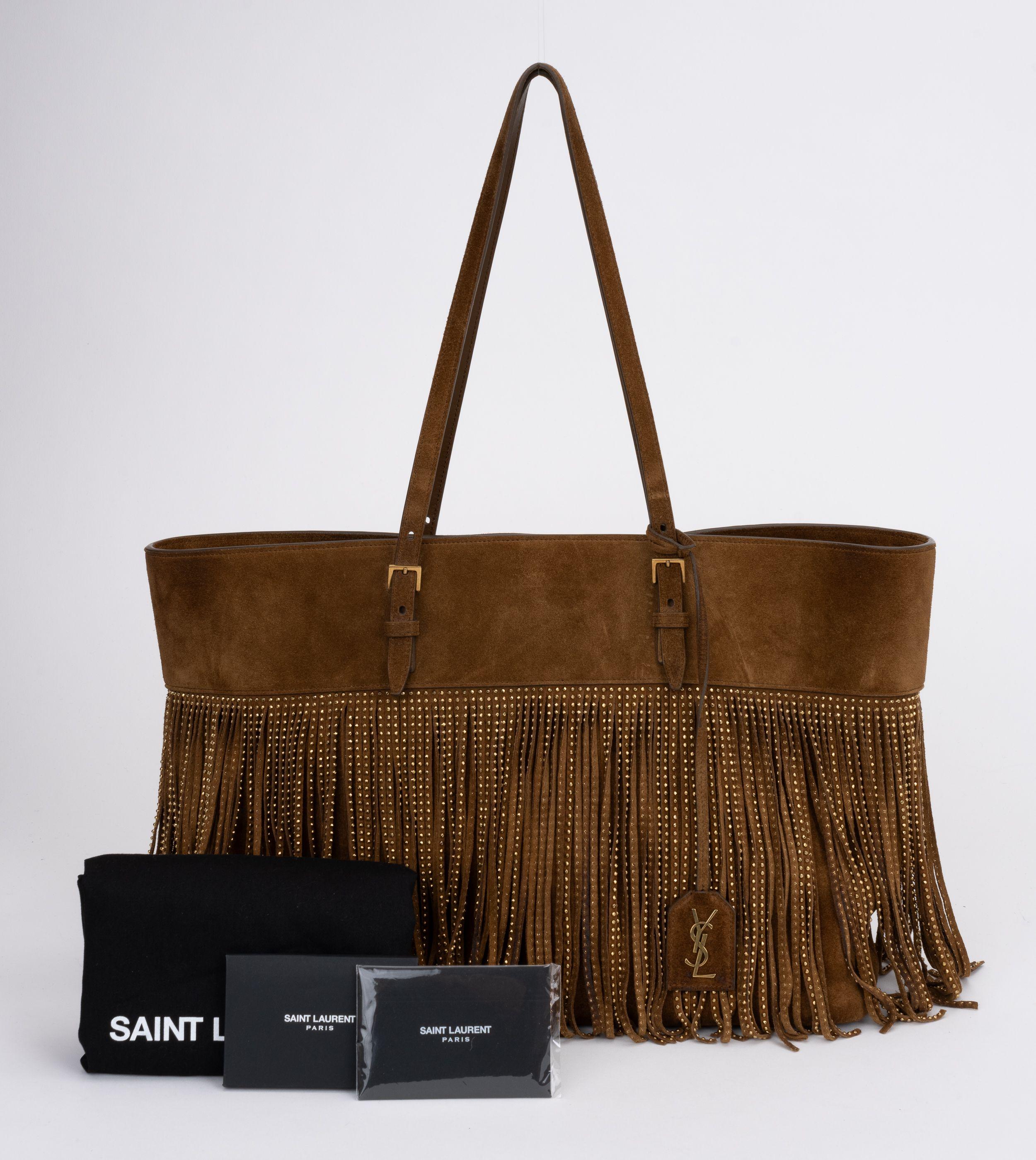 YSL New Brown Suede Fringe Tote For Sale 3