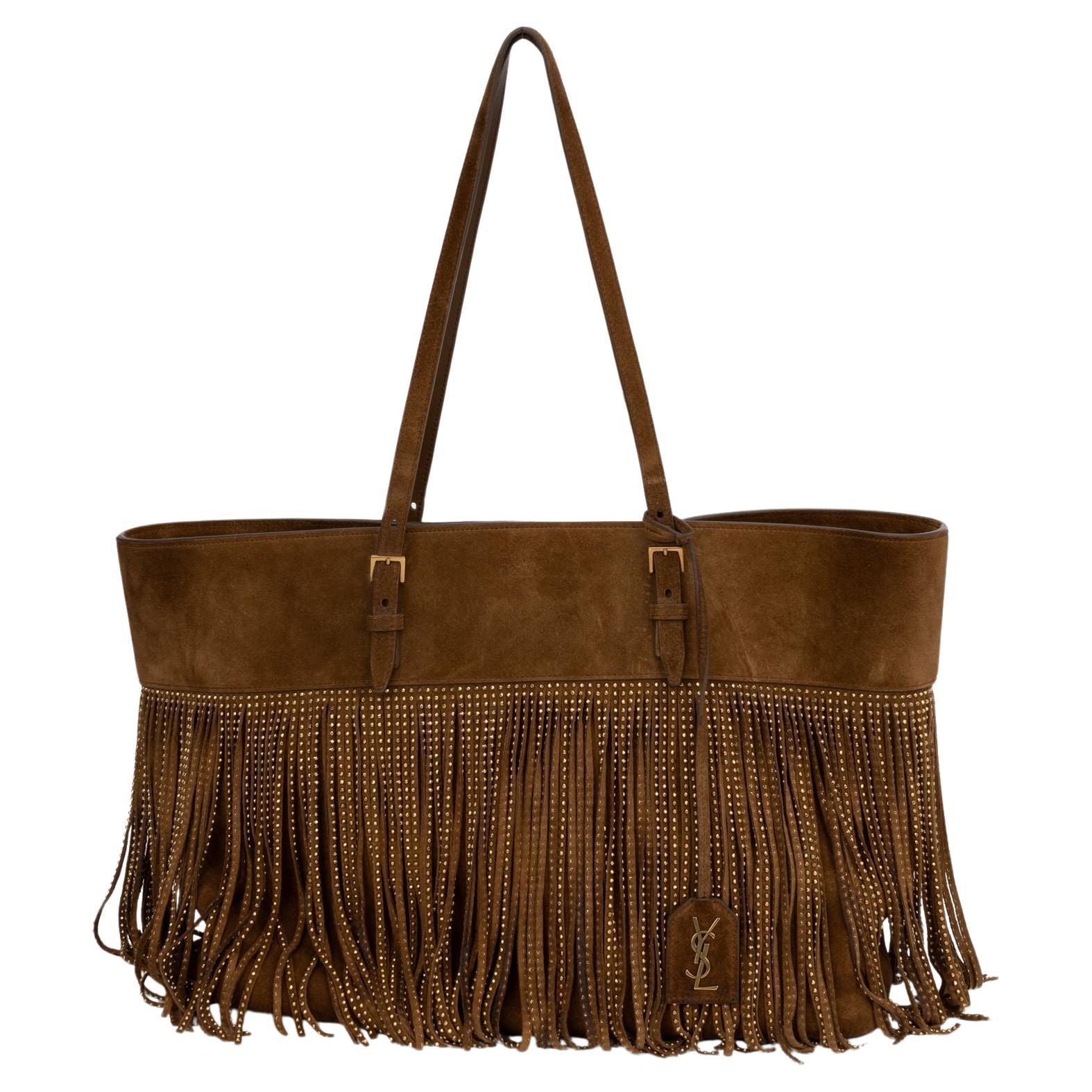YSL New Brown Suede Fringe Tote For Sale