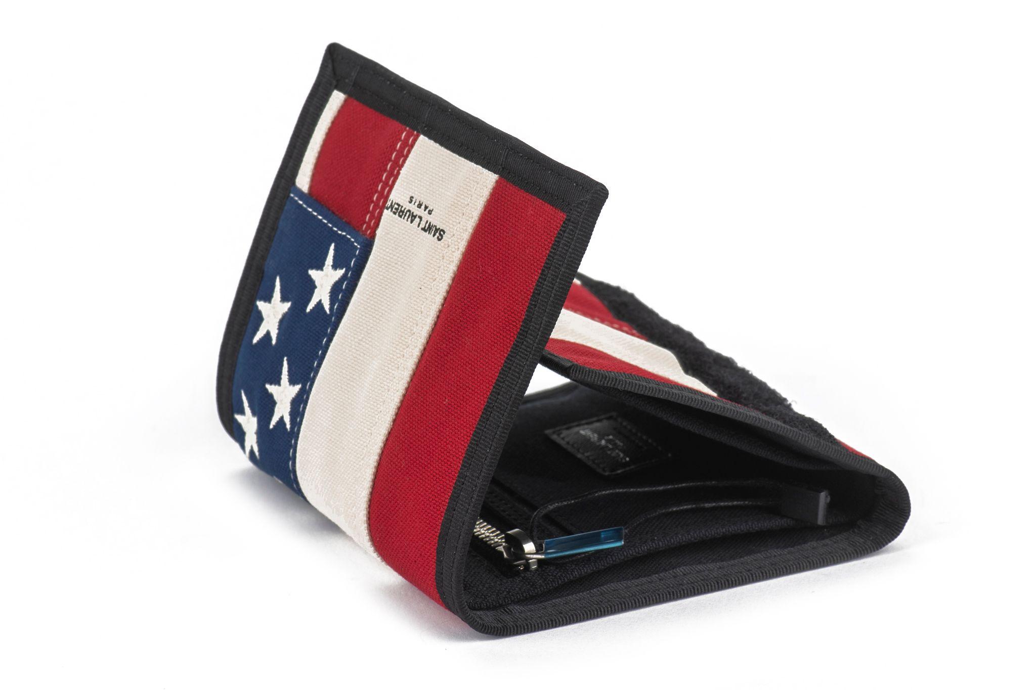 YSL new striped flag velcro wallet, unisex and timeless. Black fabric interior. 
Comes with booklets, original dust cover and original box.