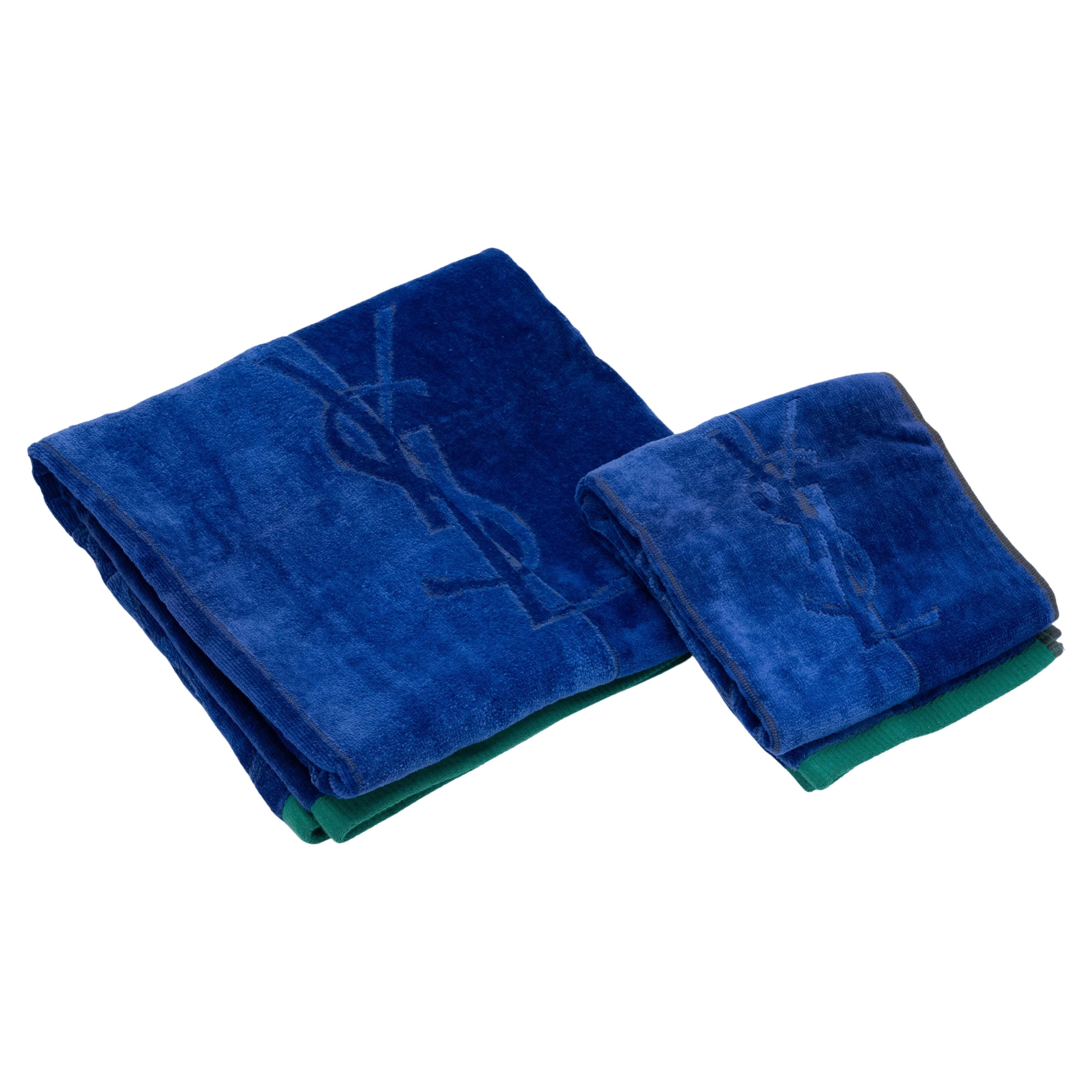 YSL Neues Set aus 2 blauen Baumwollhandtüchern im Angebot