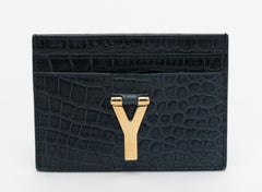 YSL NIB Card Case Petroleum Crocodile Embossed Leather