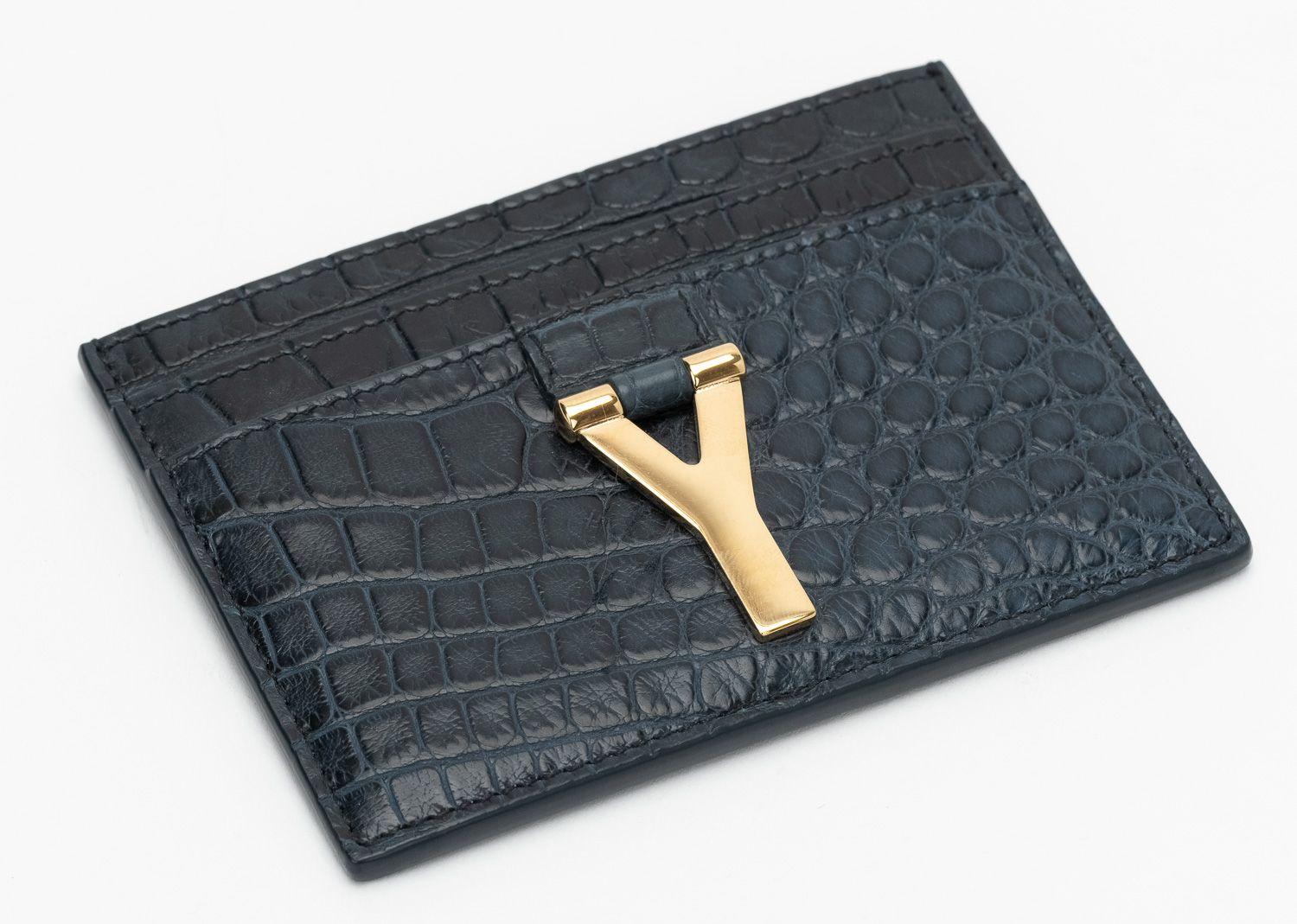 Black YSL NIB Card Case Petroleum Crocodile Embossed Leather For Sale