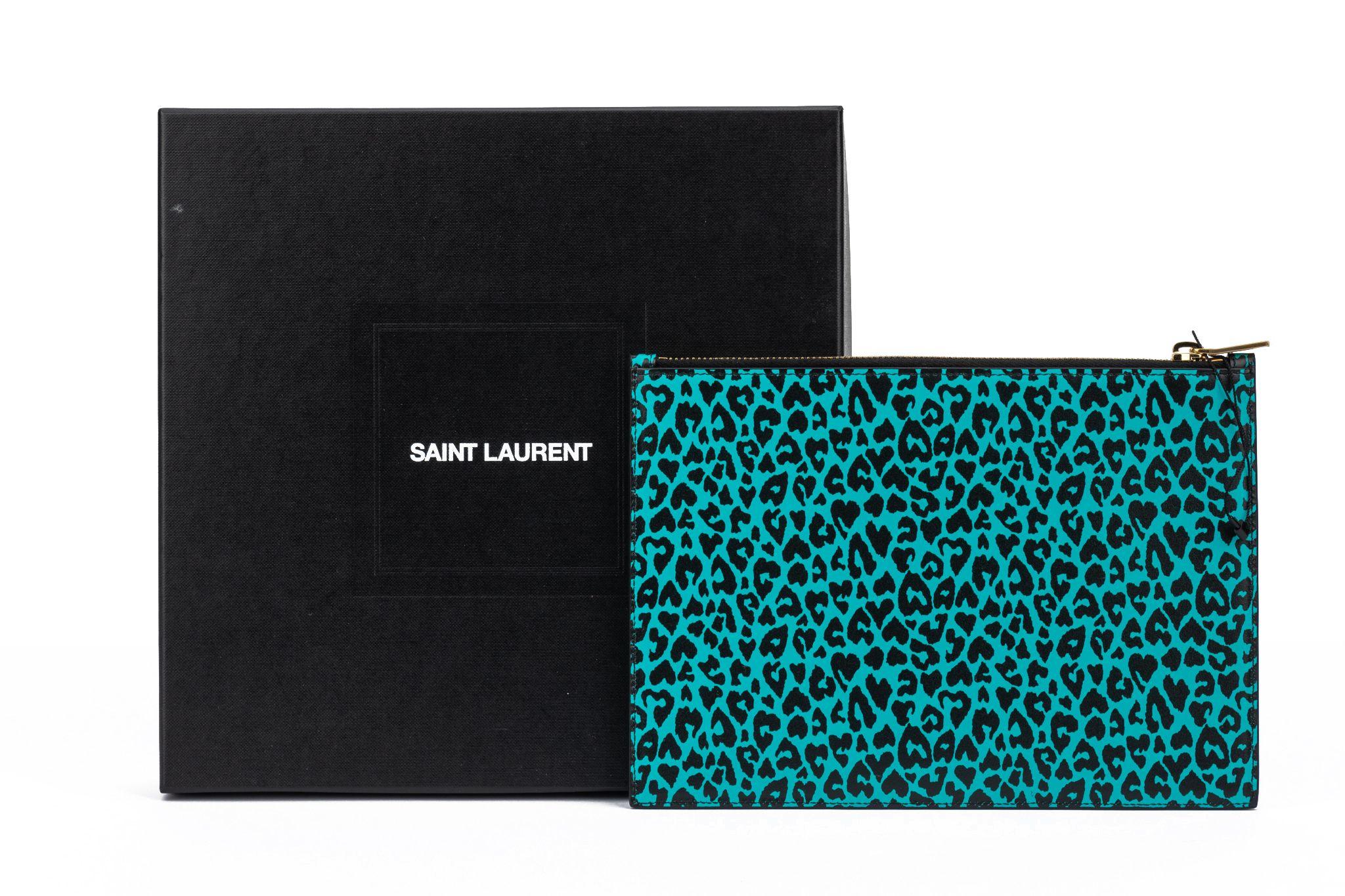 Women's or Men's YSL NIB Cheetah Turquoise Leather Pouch For Sale