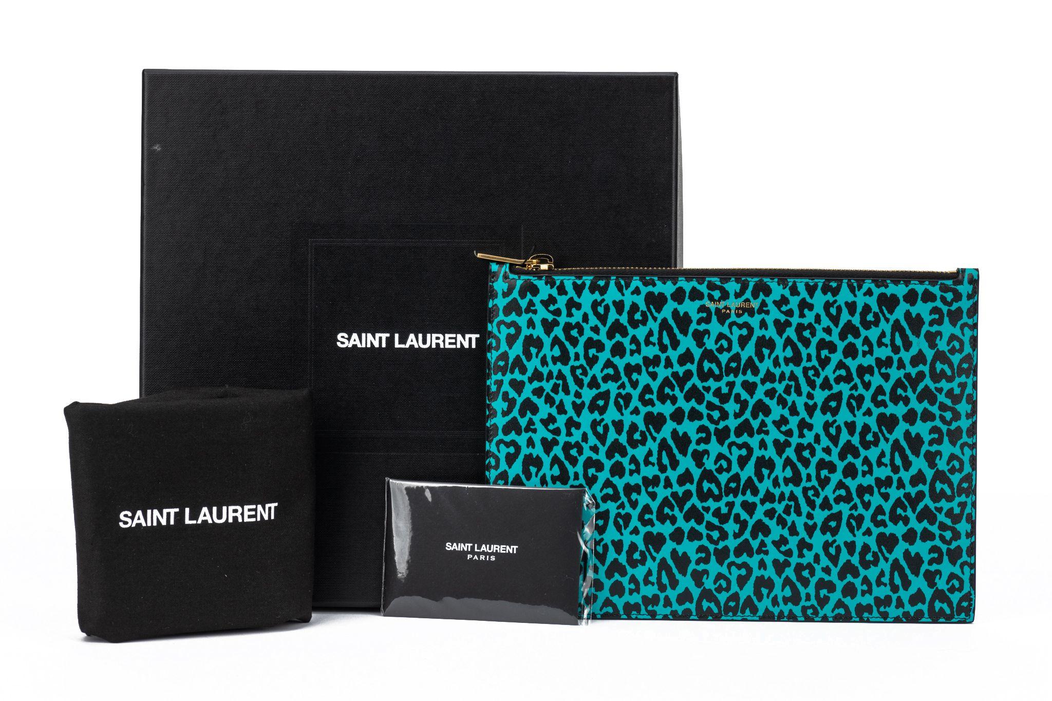 YSL NIB Cheetah Turquoise Leather Pouch For Sale 2