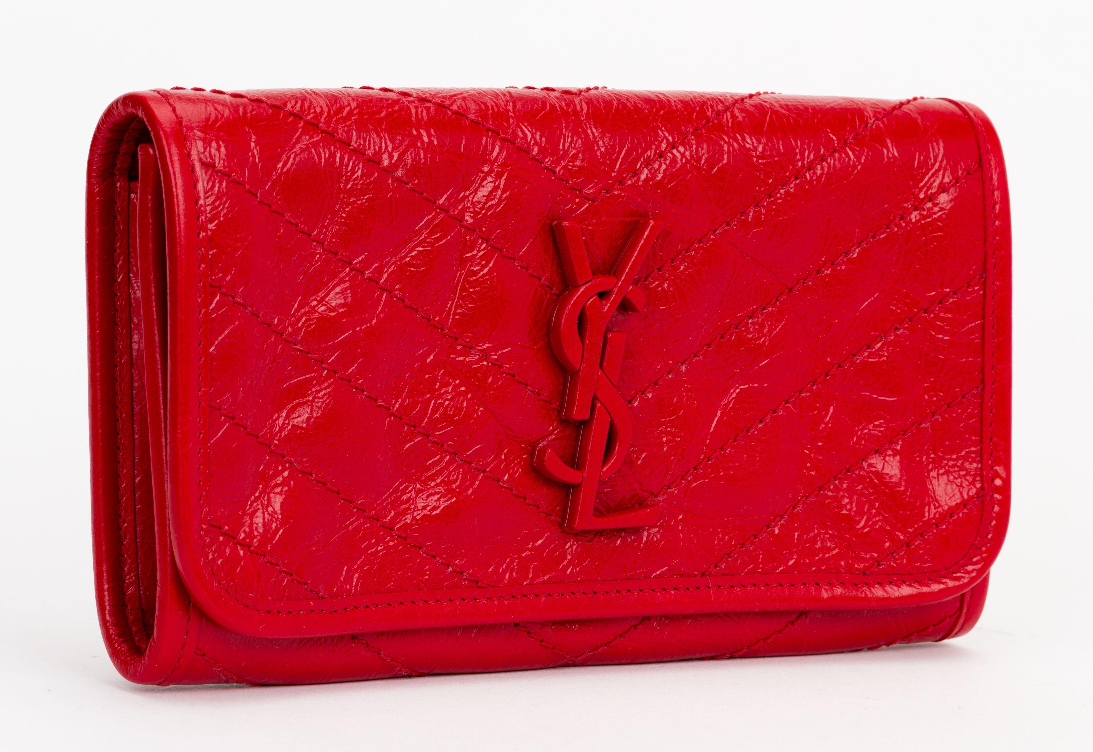 YSL NIB Red Cracked Leather Wallet In New Condition For Sale In West Hollywood, CA