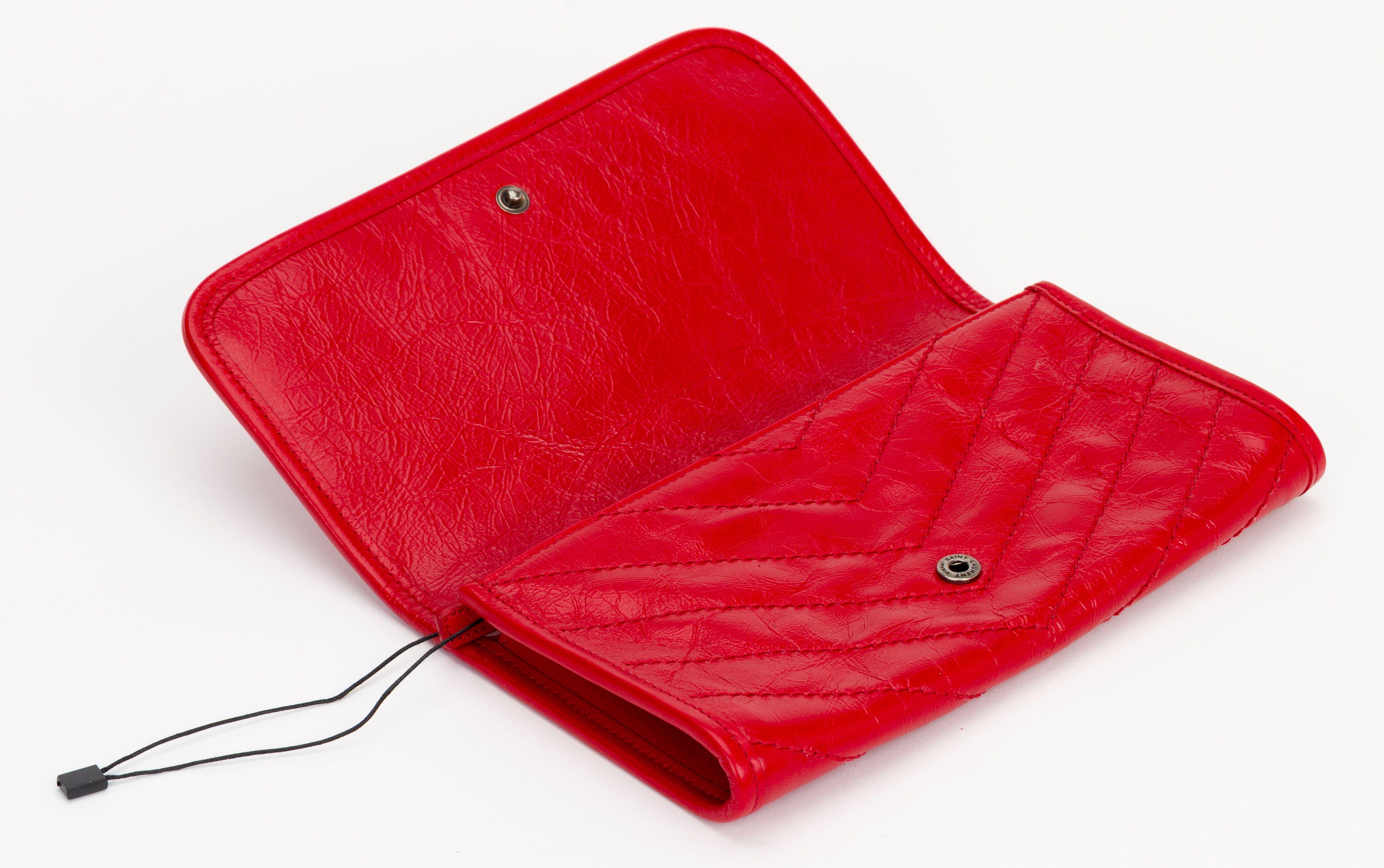 Women's YSL NIB Red Cracked Leather Wallet For Sale