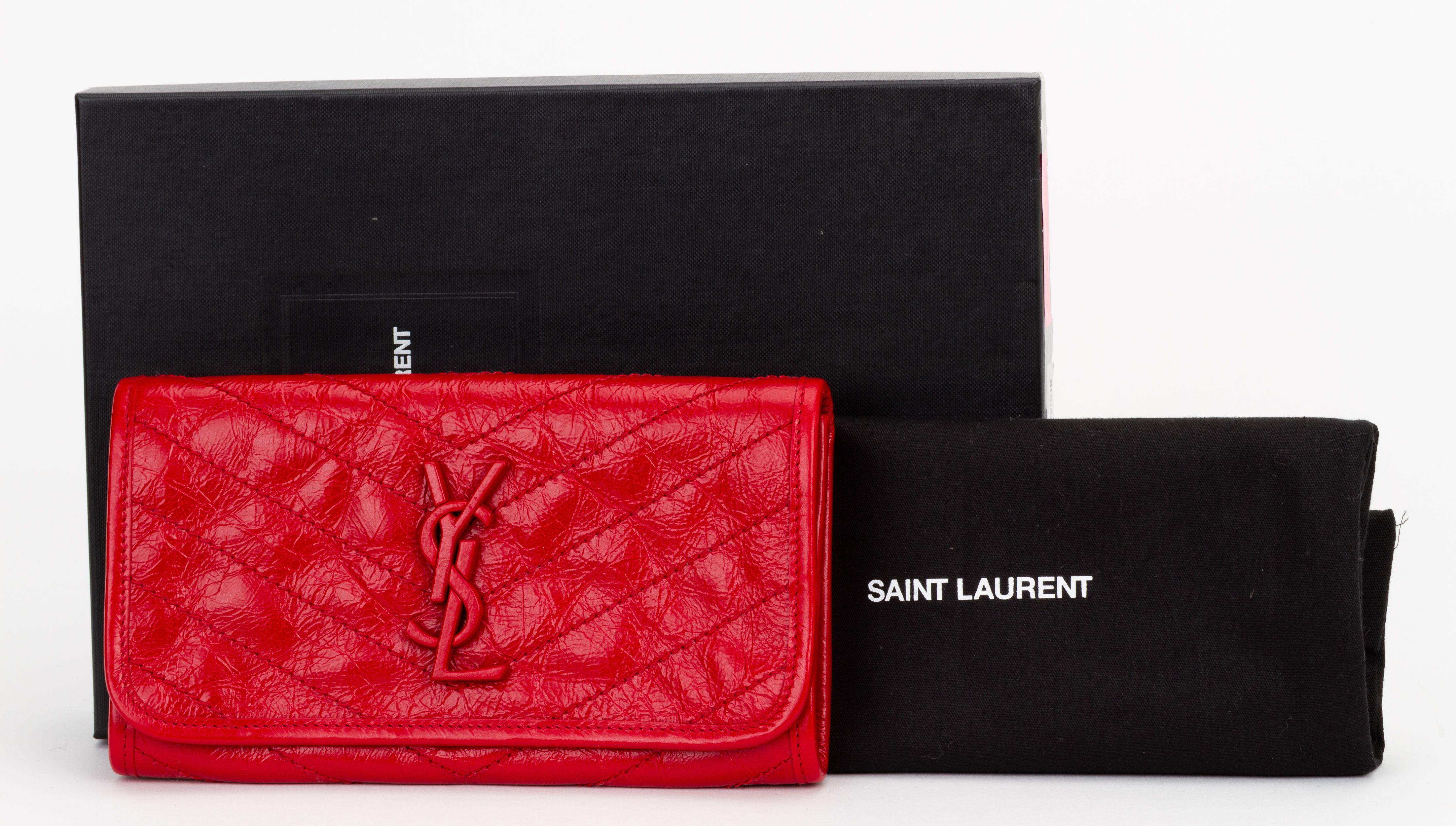 YSL NIB Red Cracked Leather Wallet For Sale 4