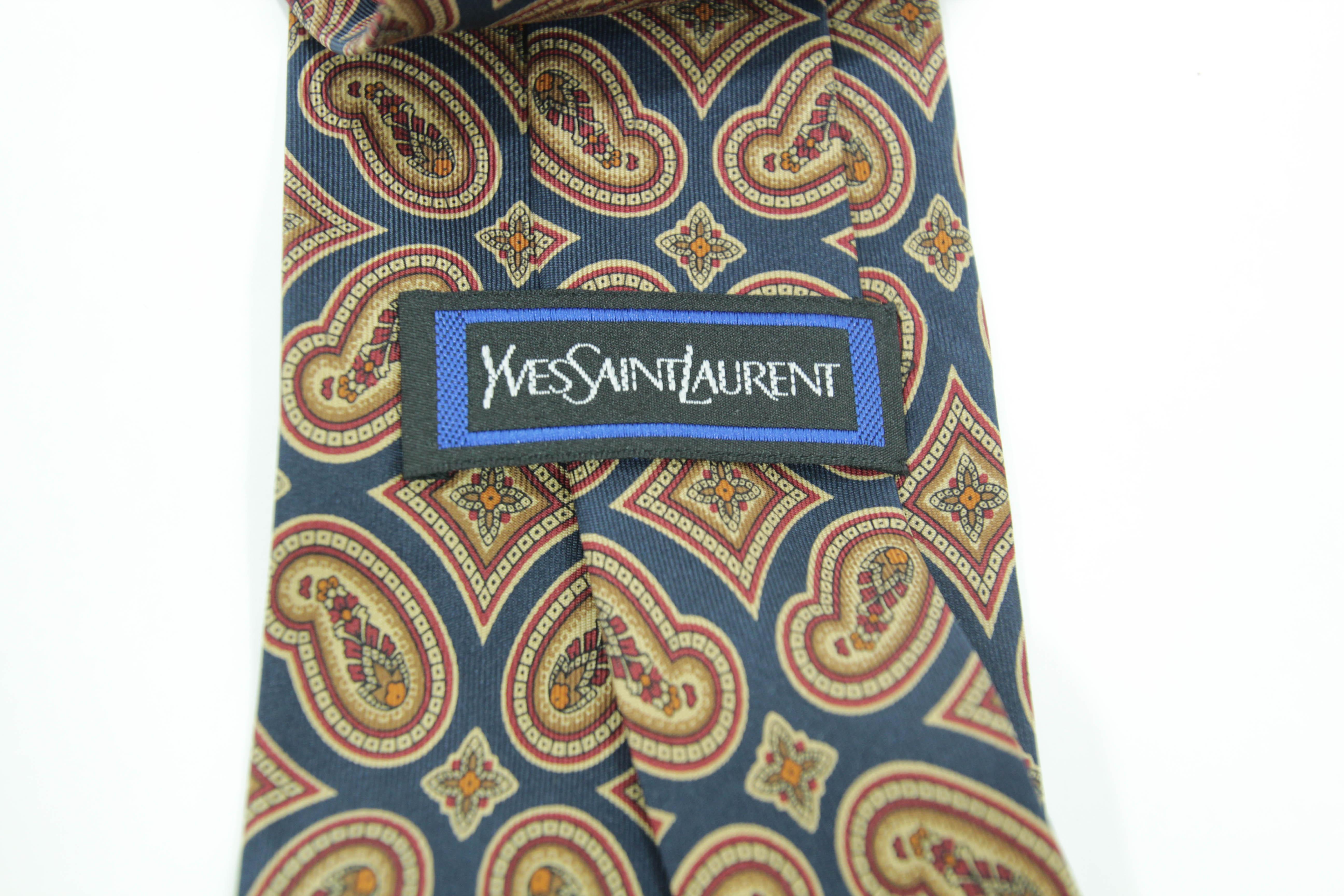 YSL Paris Yves Saint Laurent Necktie Mens Blue and Gold Silk Paisley Design 5