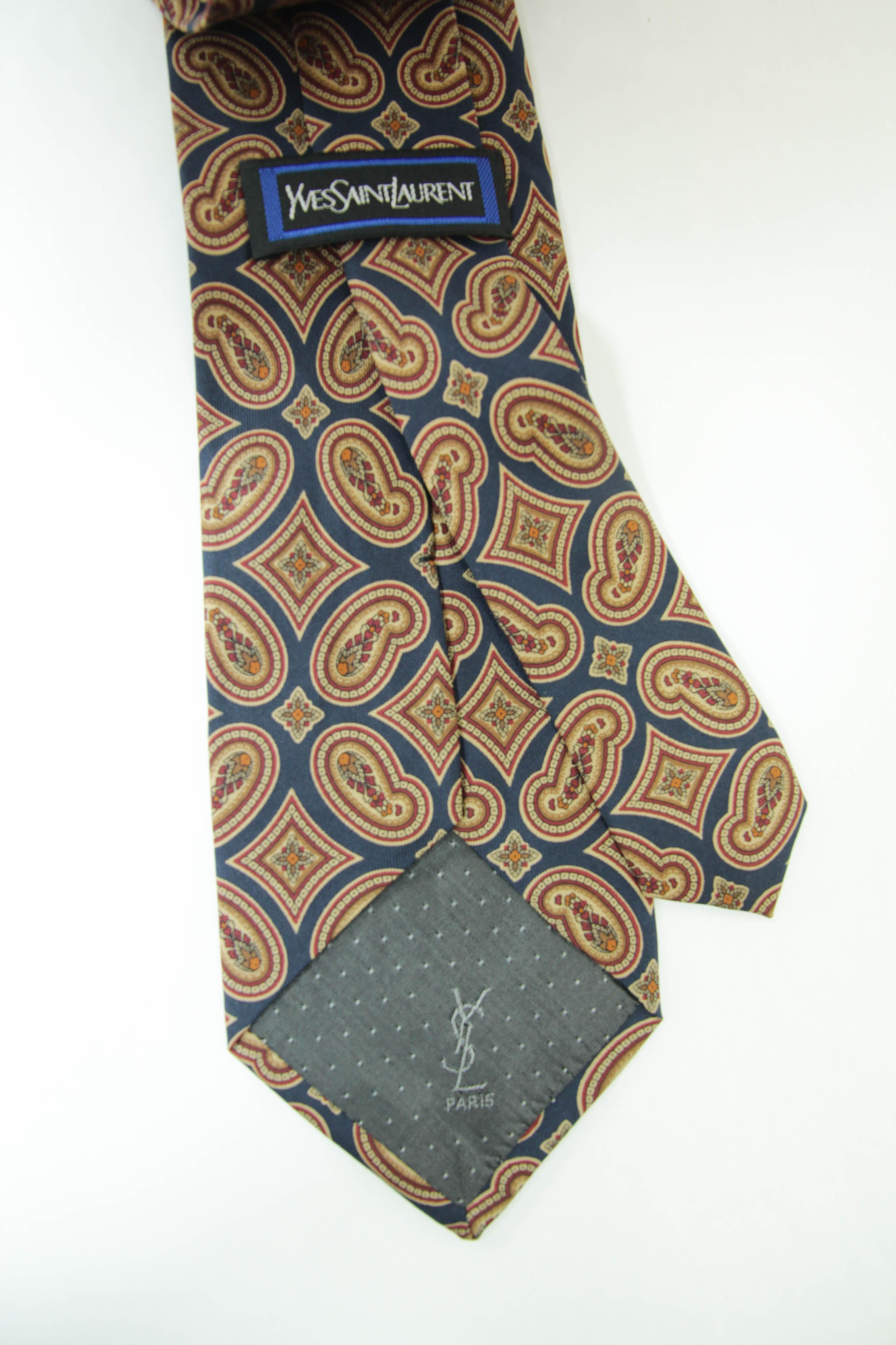 YSL Paris Yves Saint Laurent Necktie Mens Blue and Gold Silk Paisley Design 6