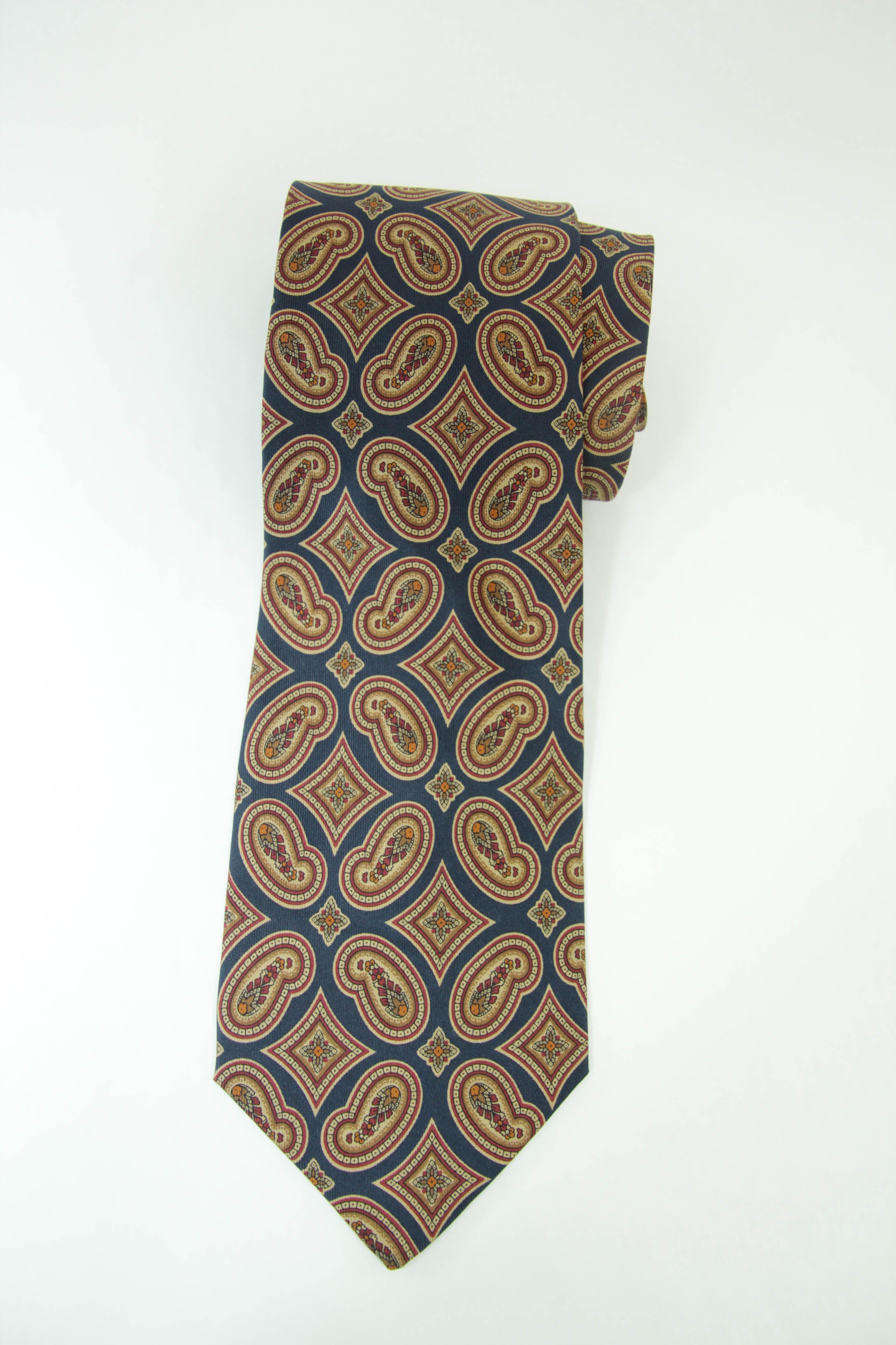 YSL Paris Yves Saint Laurent Necktie Mens Blue and Gold Silk Paisley Design 7