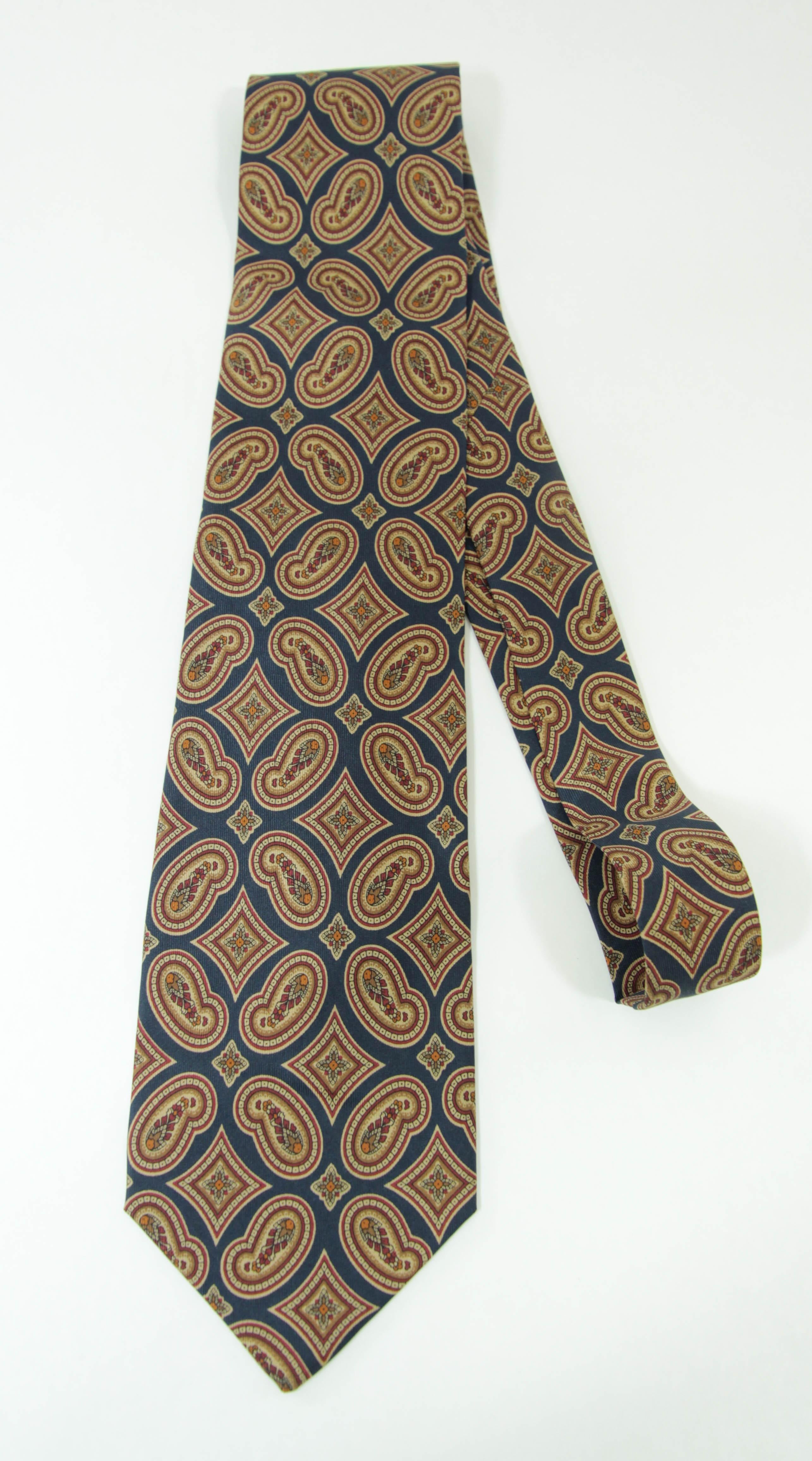 YSL Paris Yves Saint Laurent Necktie Mens Blue and Gold Silk Paisley Design 8