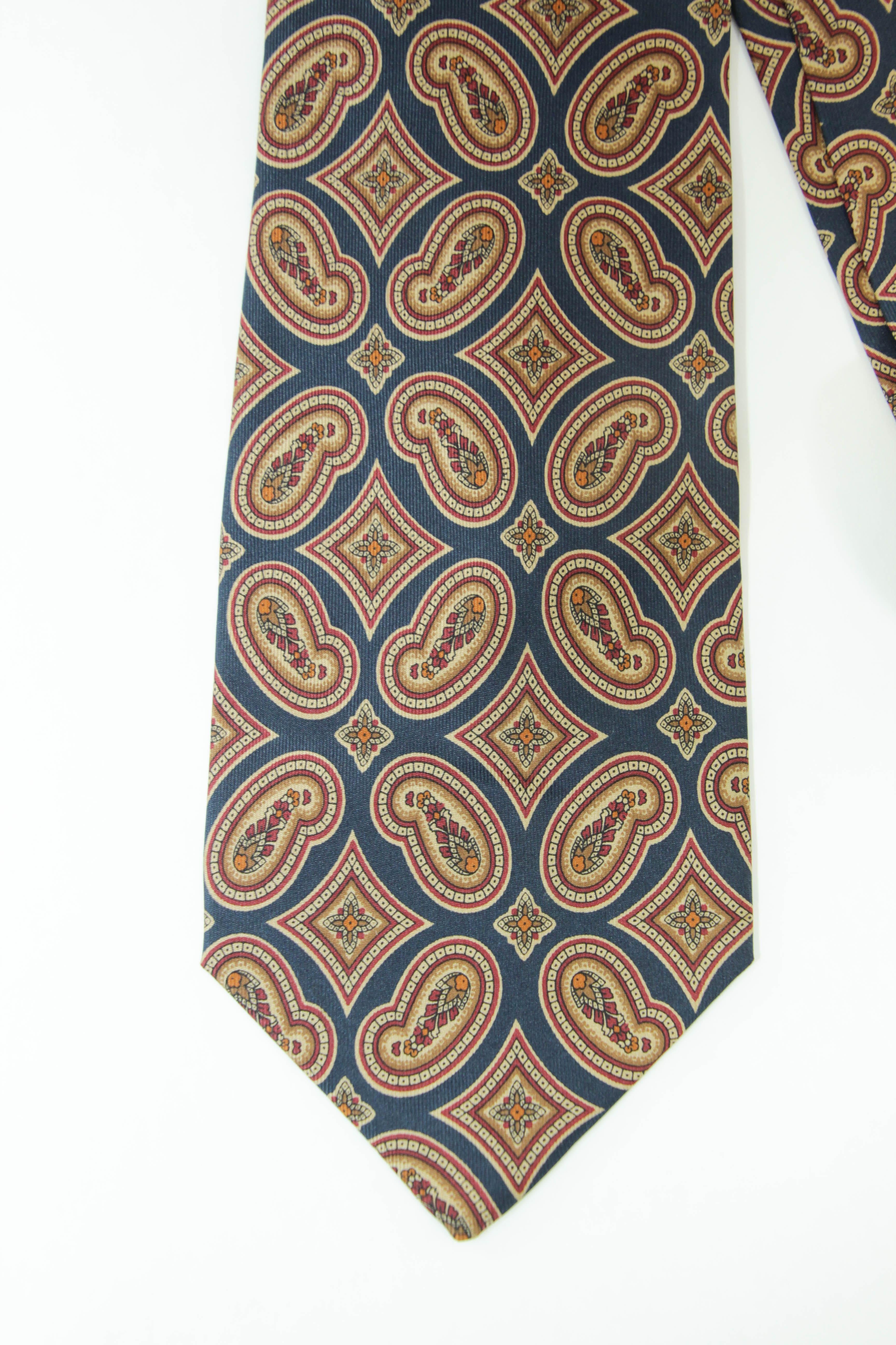 YSL Paris Yves Saint Laurent Necktie Mens Blue and Gold Silk Paisley Design 9