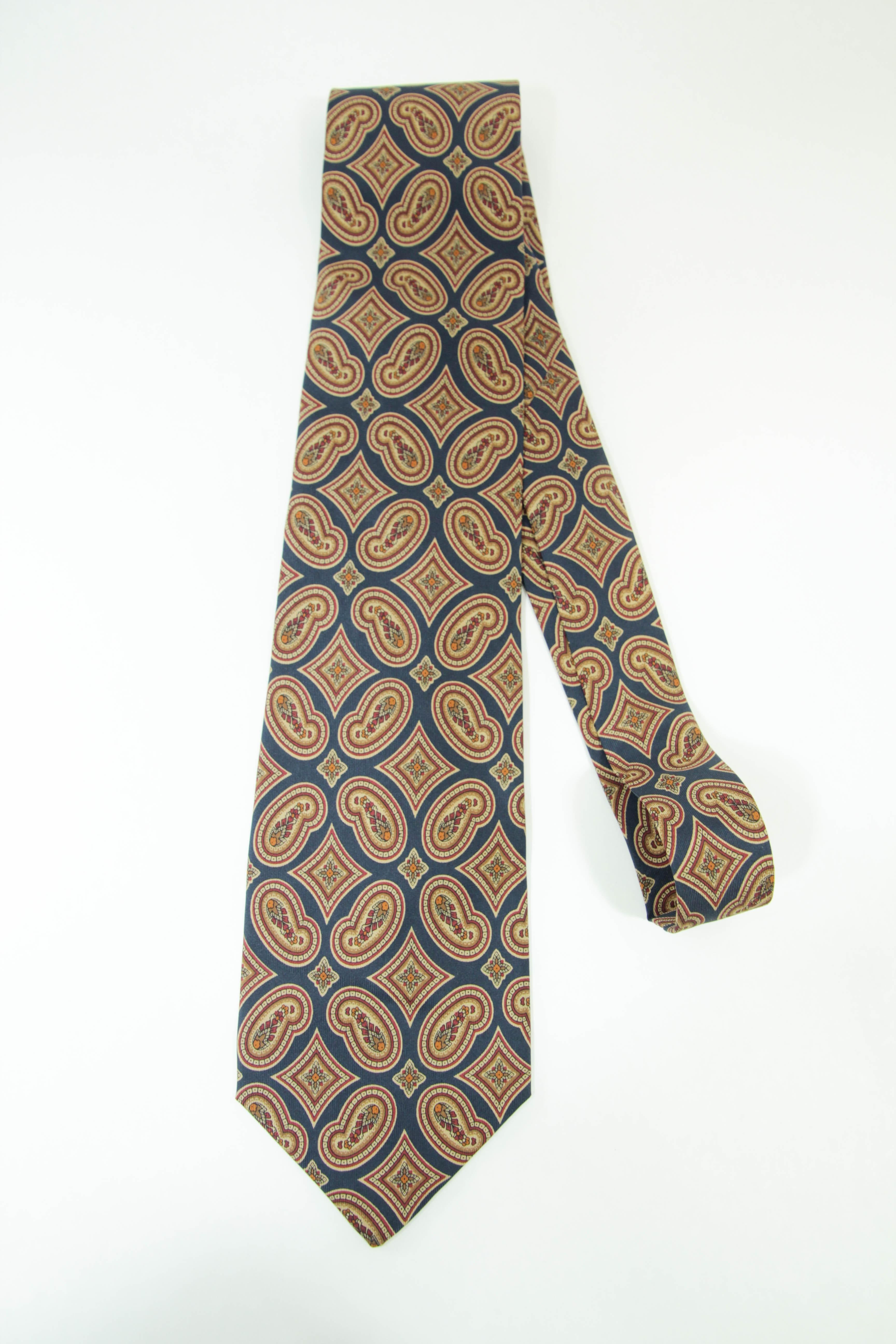 YSL Paris Yves Saint Laurent Necktie Mens Blue and Gold Silk Paisley Design 10
