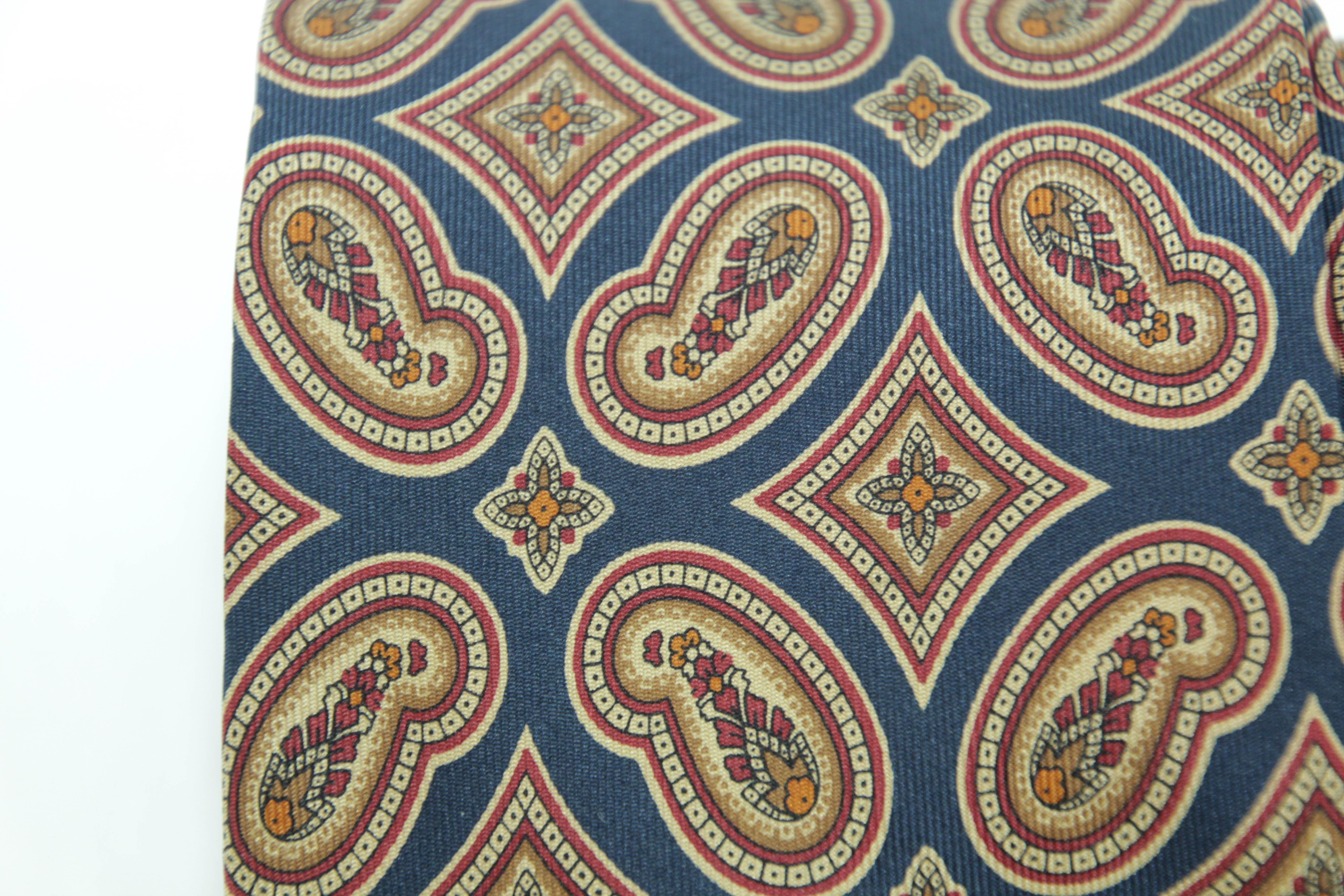 Brown YSL Paris Yves Saint Laurent Necktie Mens Blue and Gold Silk Paisley Design