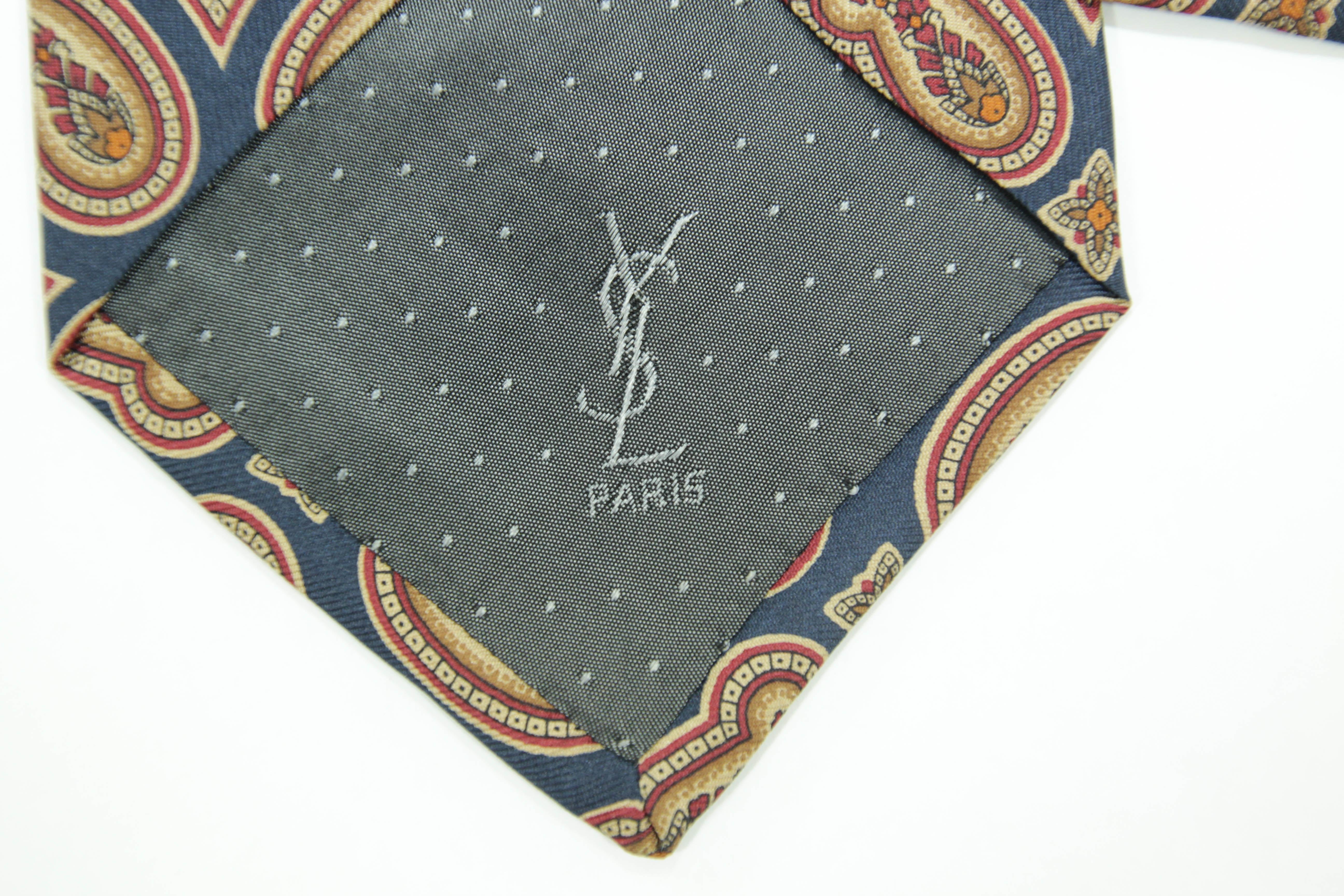 YSL Paris Yves Saint Laurent Necktie Mens Blue and Gold Silk Paisley Design 1