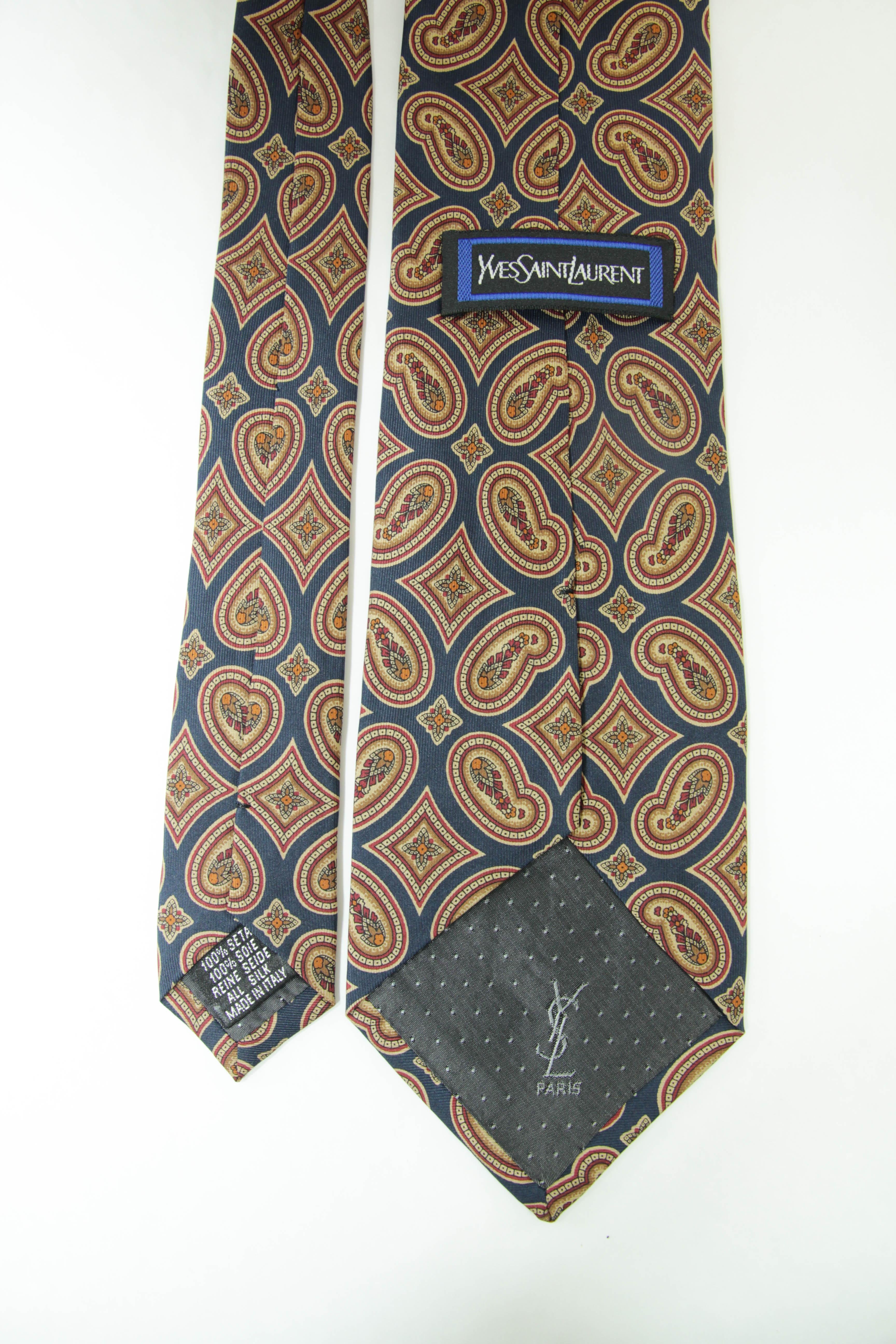YSL Paris Yves Saint Laurent Necktie Mens Blue and Gold Silk Paisley Design 2