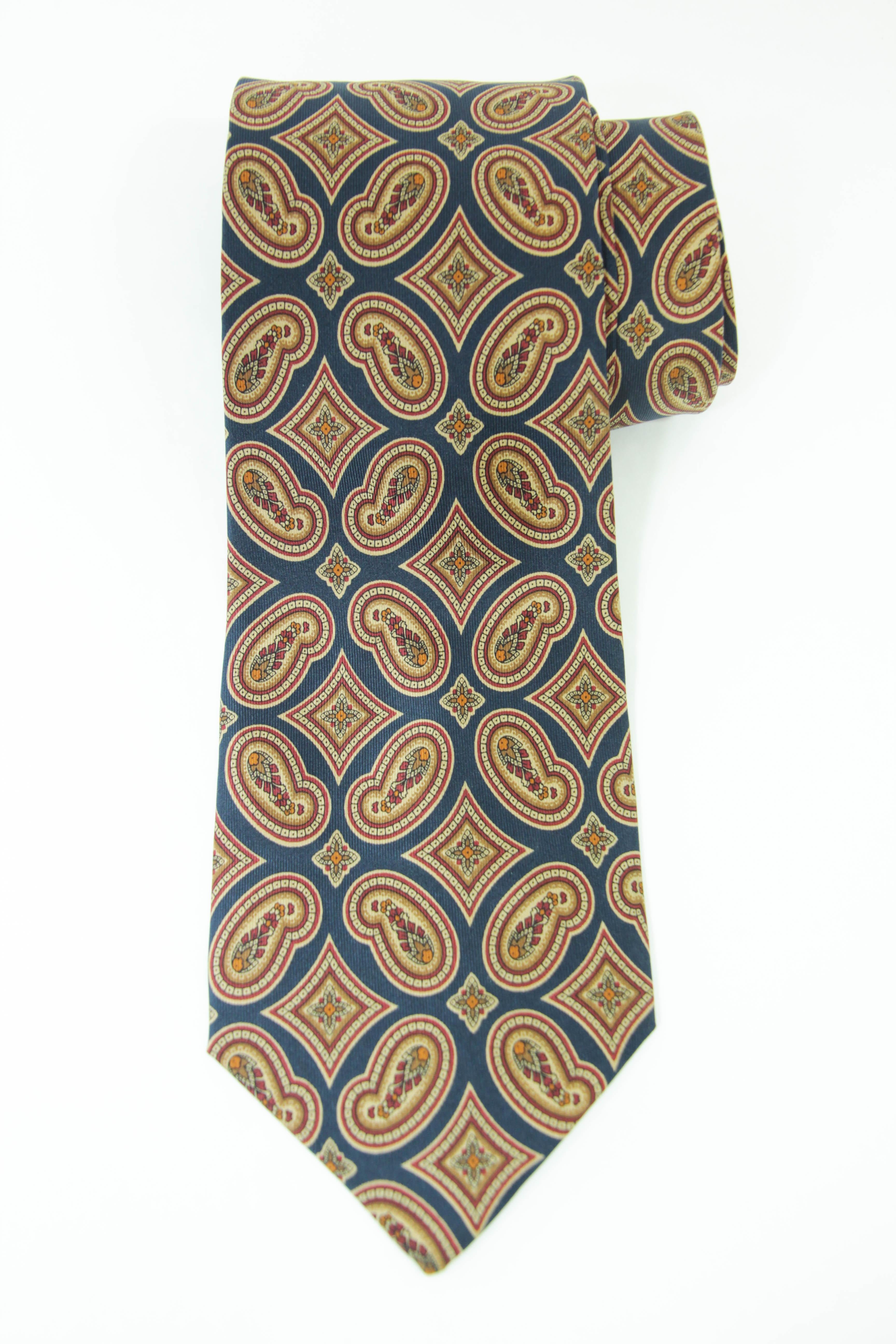 YSL Paris Yves Saint Laurent Necktie Mens Blue and Gold Silk Paisley Design 4