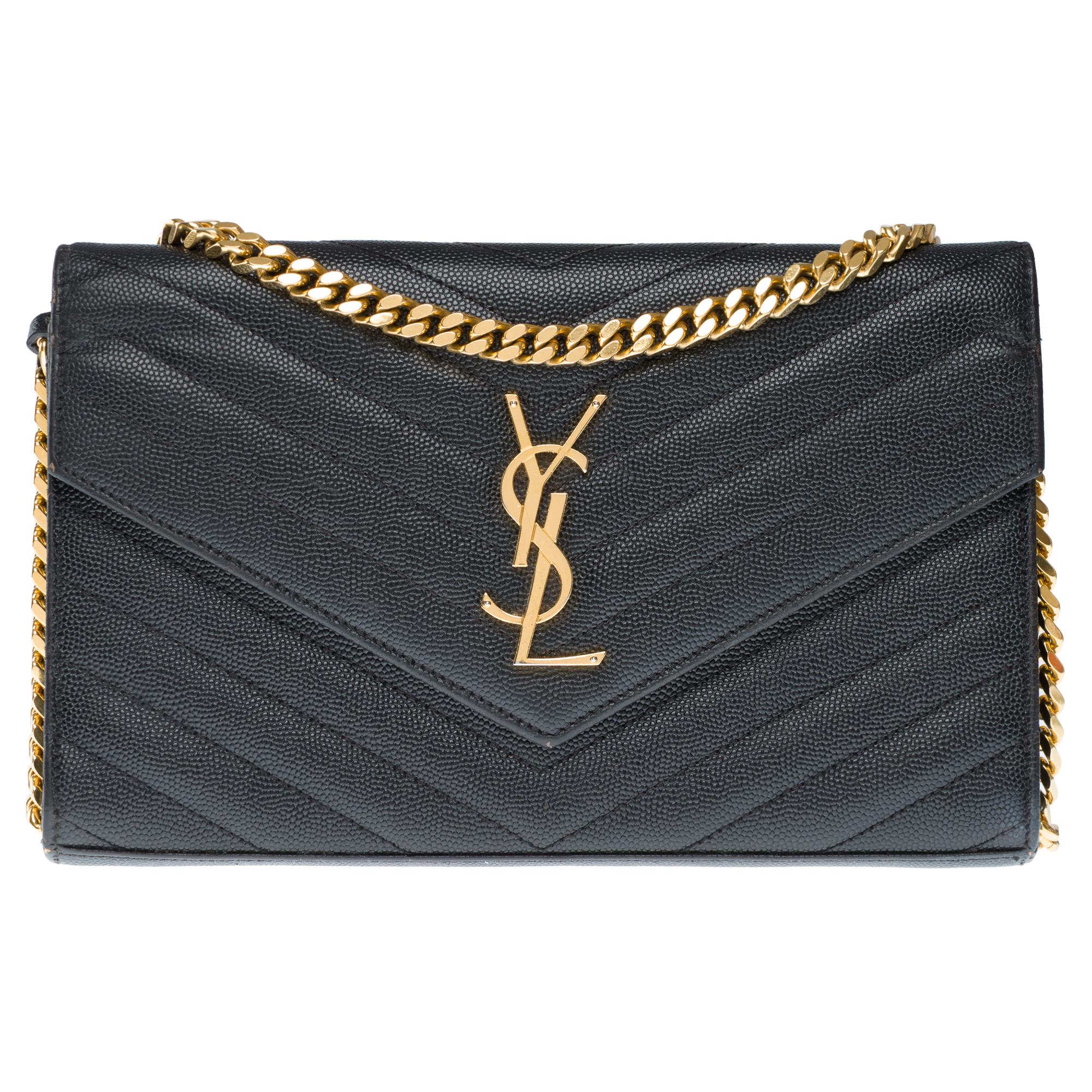 YSL Pochette Cassandre classic shoulder bag in Black grained calf leather, GHW In Good Condition In Paris, IDF