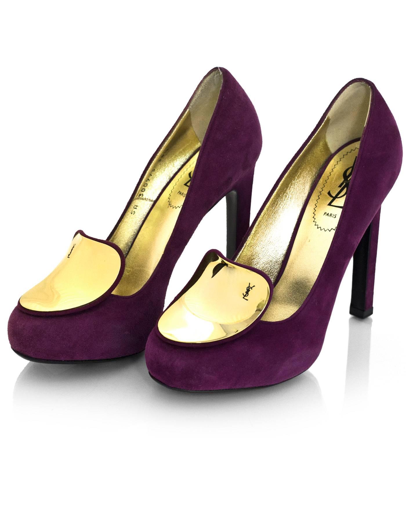 YSL Purple Suede & Goldtone Tongue Pumps Sz 38.5

Made In: Italy
Color: Purple, gold
Materials: Suede, metal
Closure/Opening: Slide on
Sole Stamp: Yves Saint Laurent Made in Italy 38.5
Retail Price: $895 + tax
Overall Condition: Excellent pre-owned