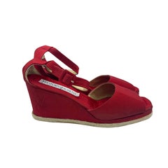 YSL Red Logo Print Platform Wedge Sandals US9, 1970s