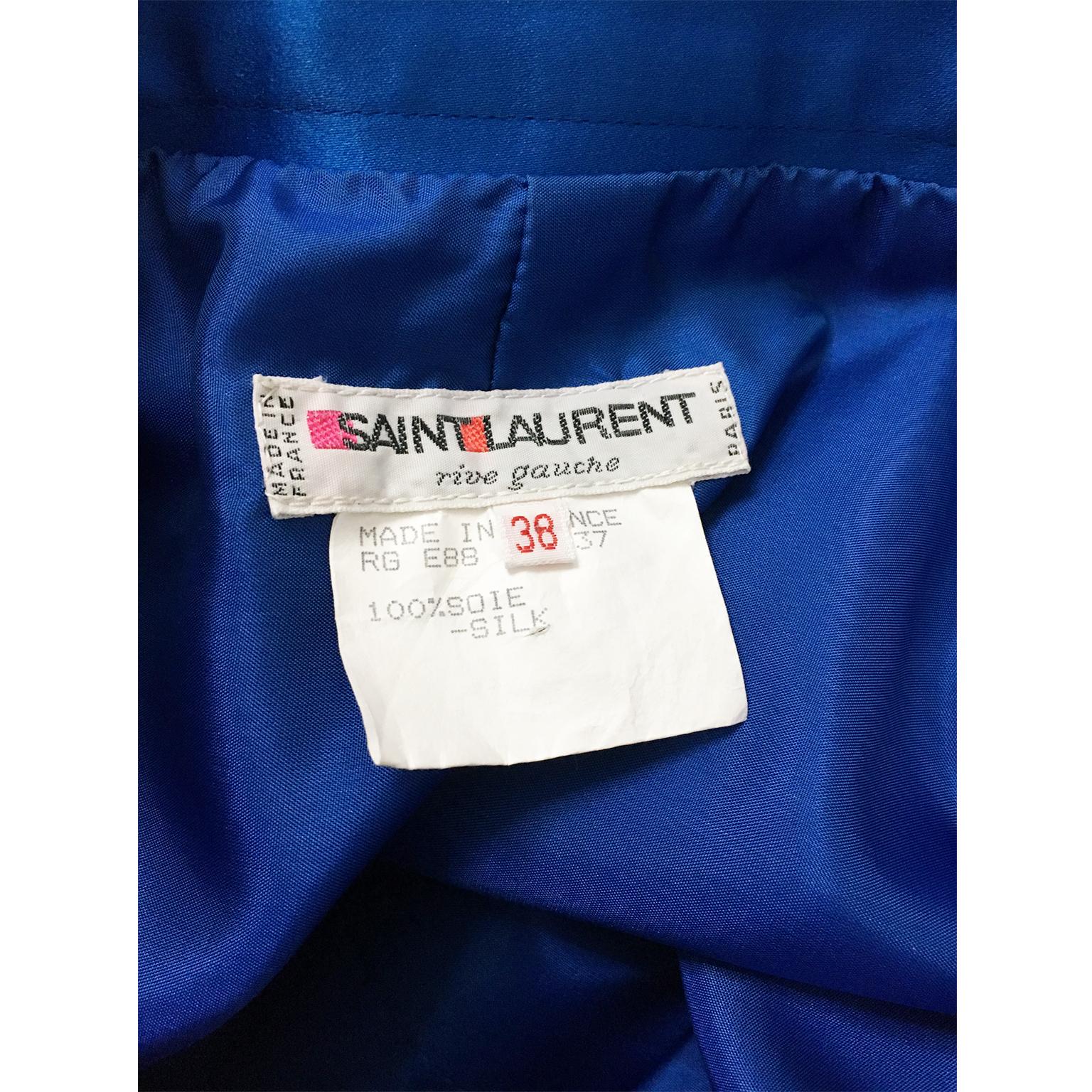 YSL Rive Gauche Bicolour Royal Blue Satin Skirt With Bow circa 1985 For Sale 1