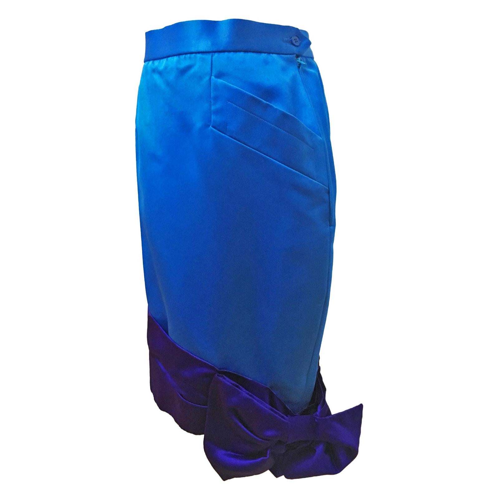 YSL Rive Gauche Bicolour Royal Blue Satin Skirt With Bow circa 1985